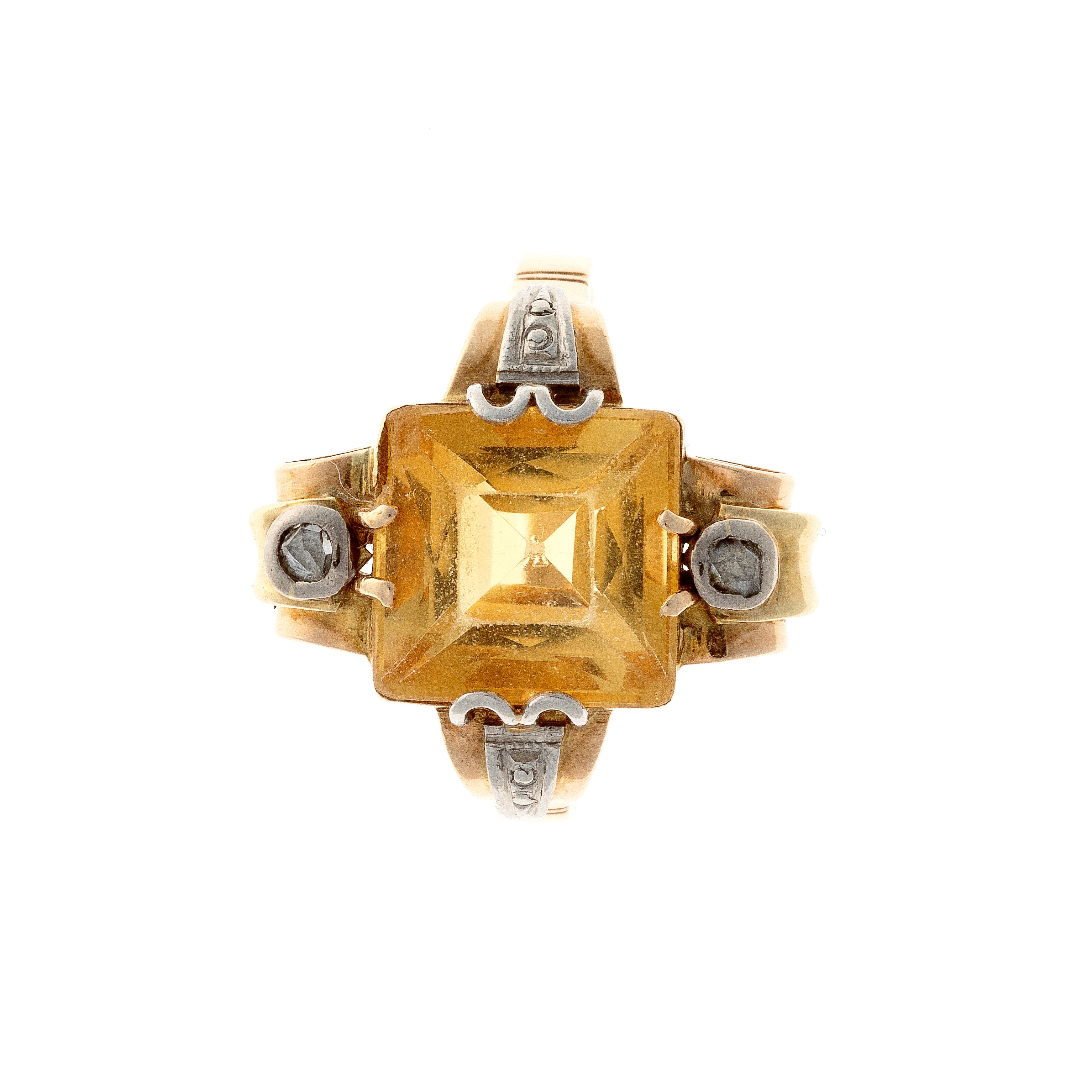 Front view of the Retro gold cocktail ring with square citrine and rose-cut diamonds.
