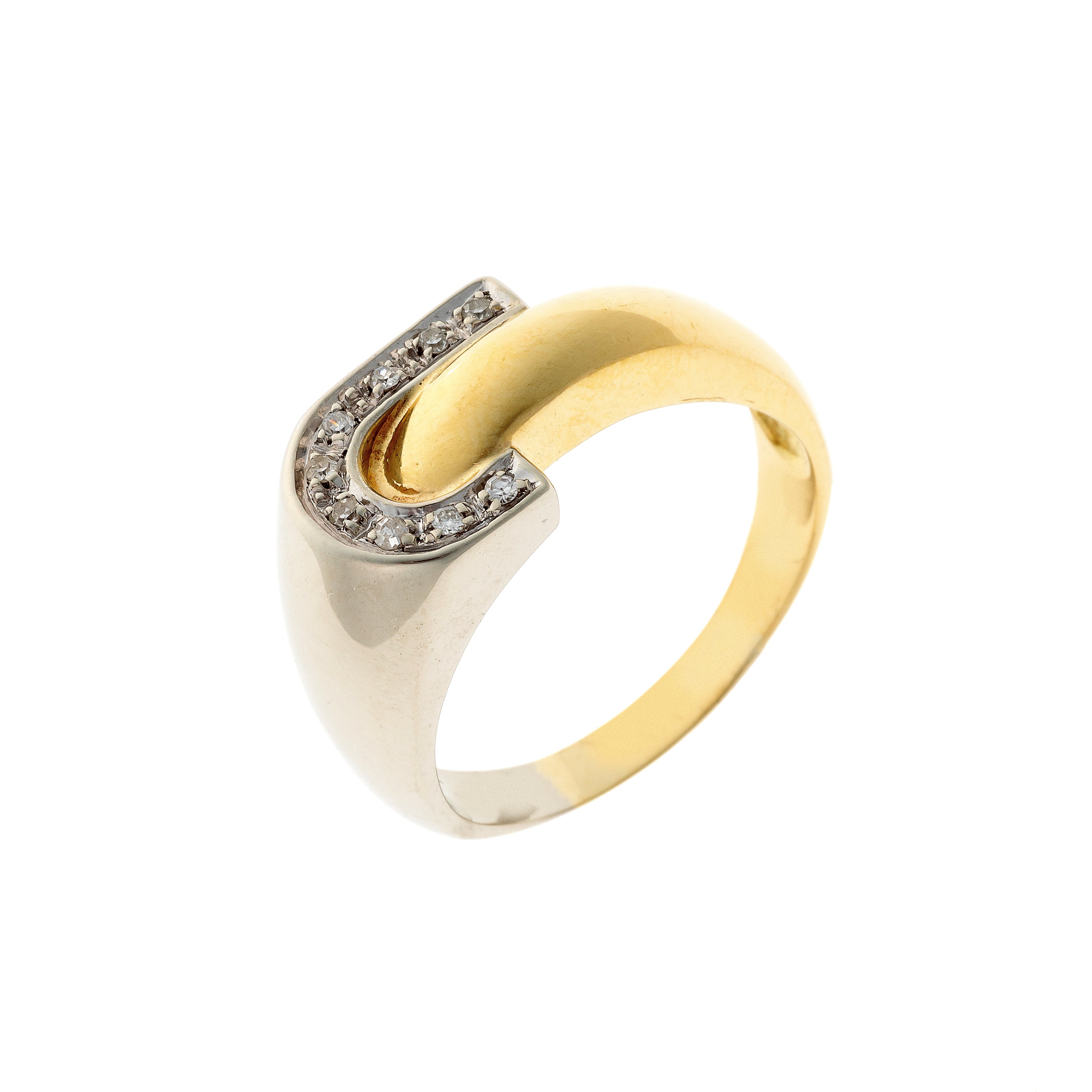 Retro vintage two-tone sculptural cocktail ring in yellow and white gold with diamond accents.