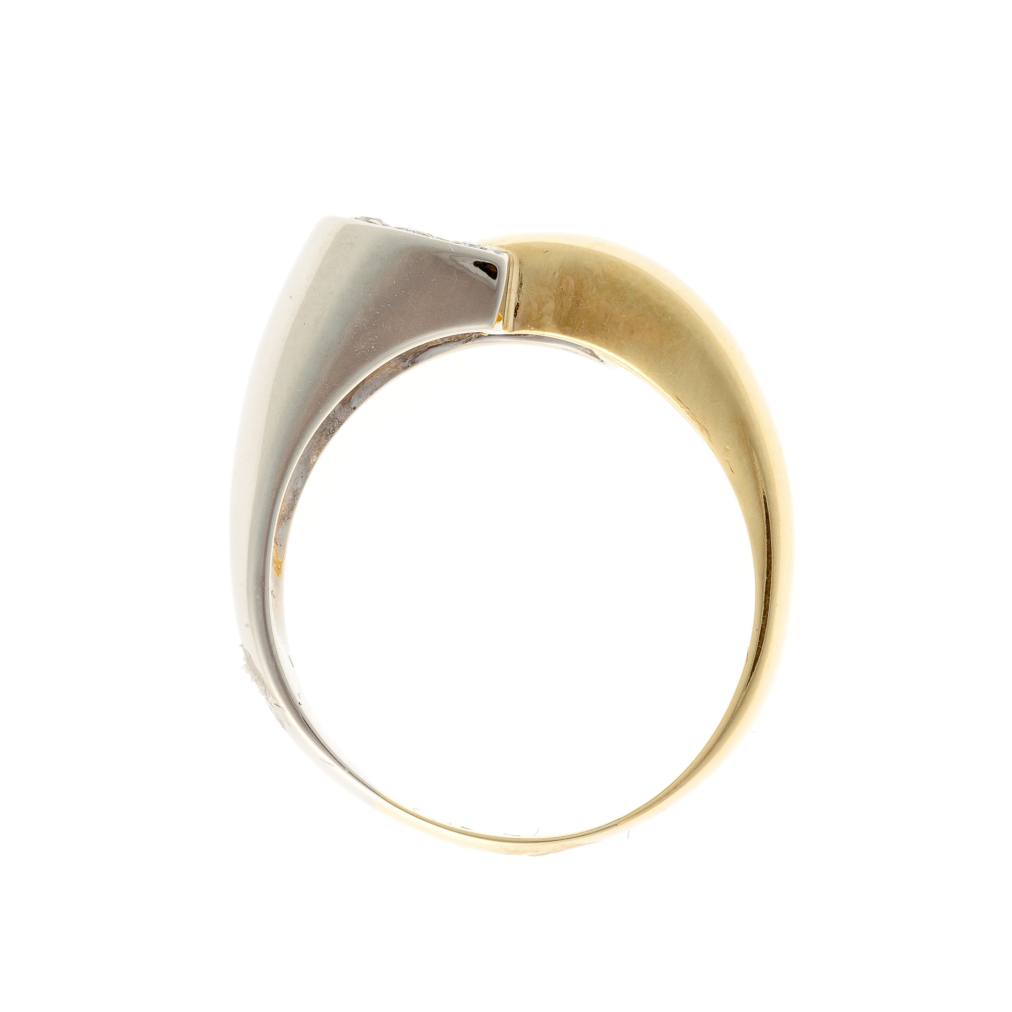 Profile view of Retro yellow and white gold ring with architectural diamond setting.