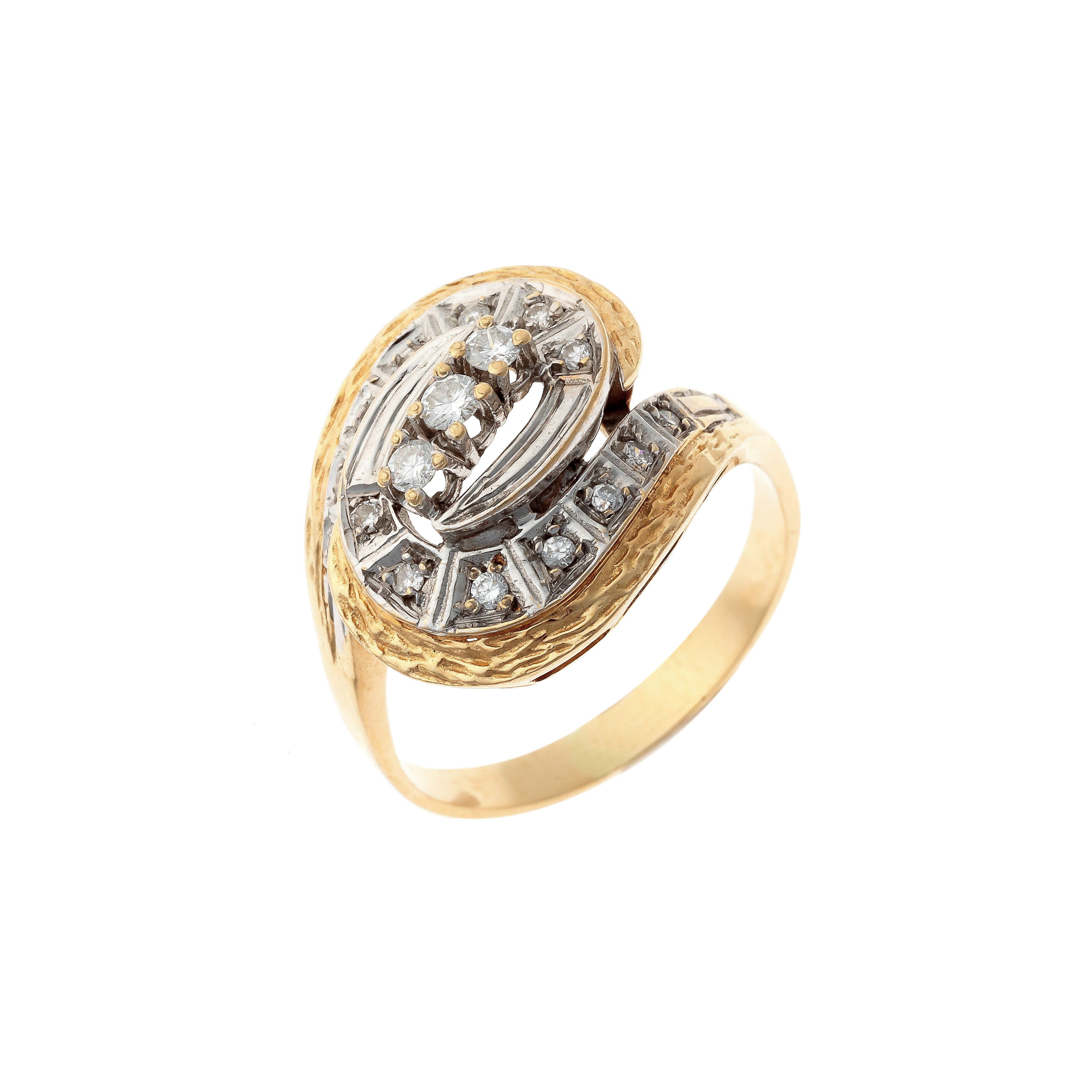 Retro two-tone gold textured diamond swirl cocktail ring.