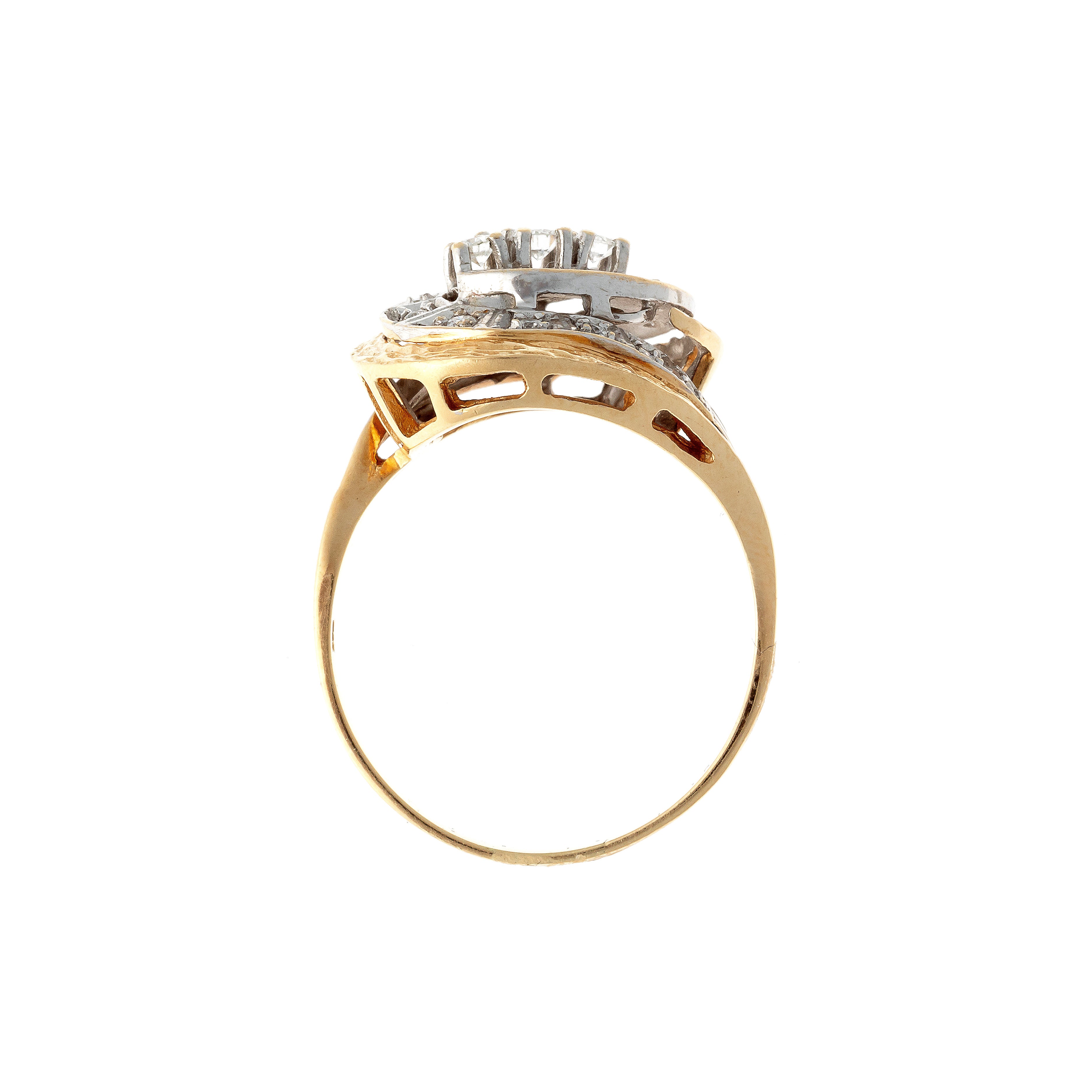 Profile of the Retro two-tone gold textured diamond swirl cocktail ring.