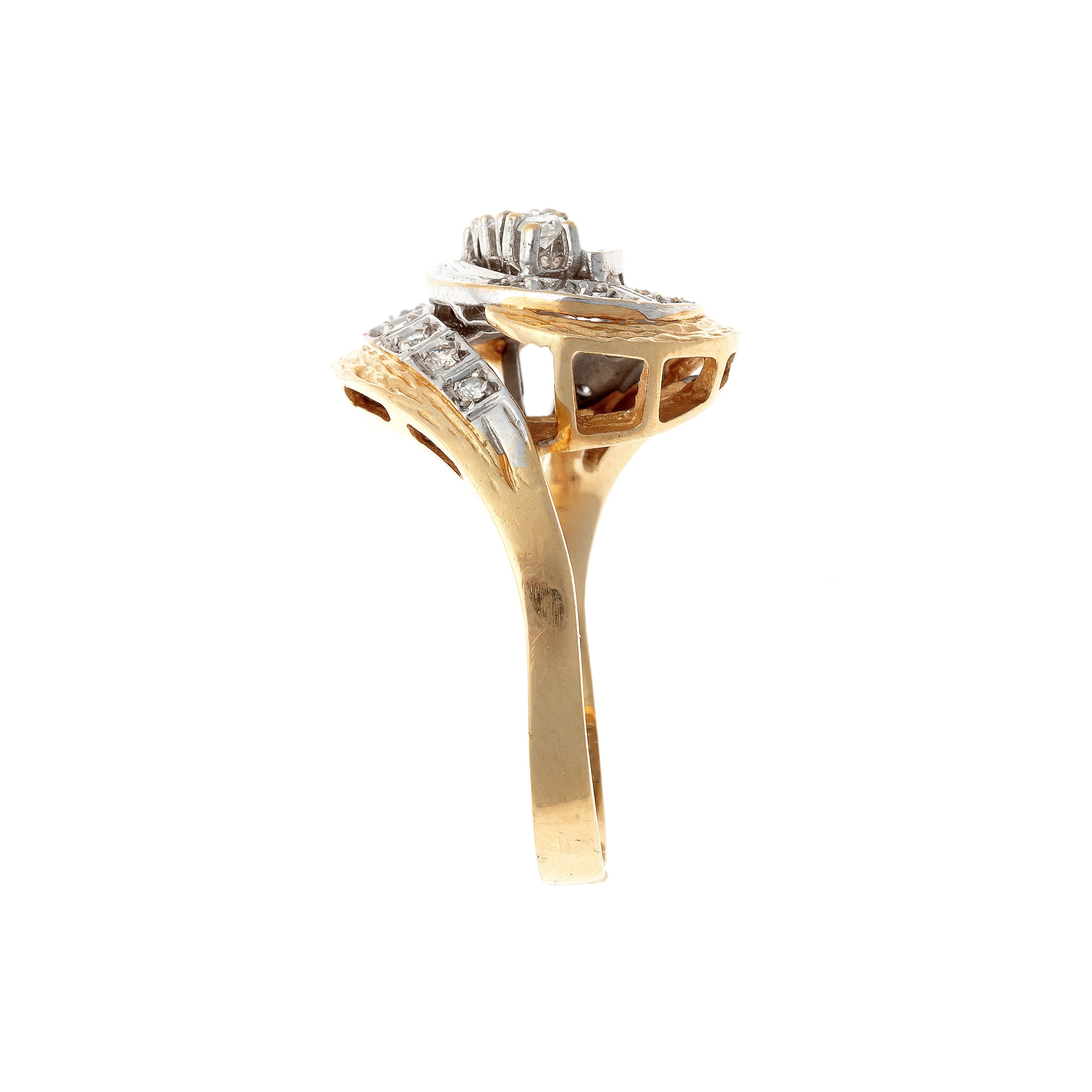 Side of the Retro two-tone gold textured diamond swirl cocktail ring.