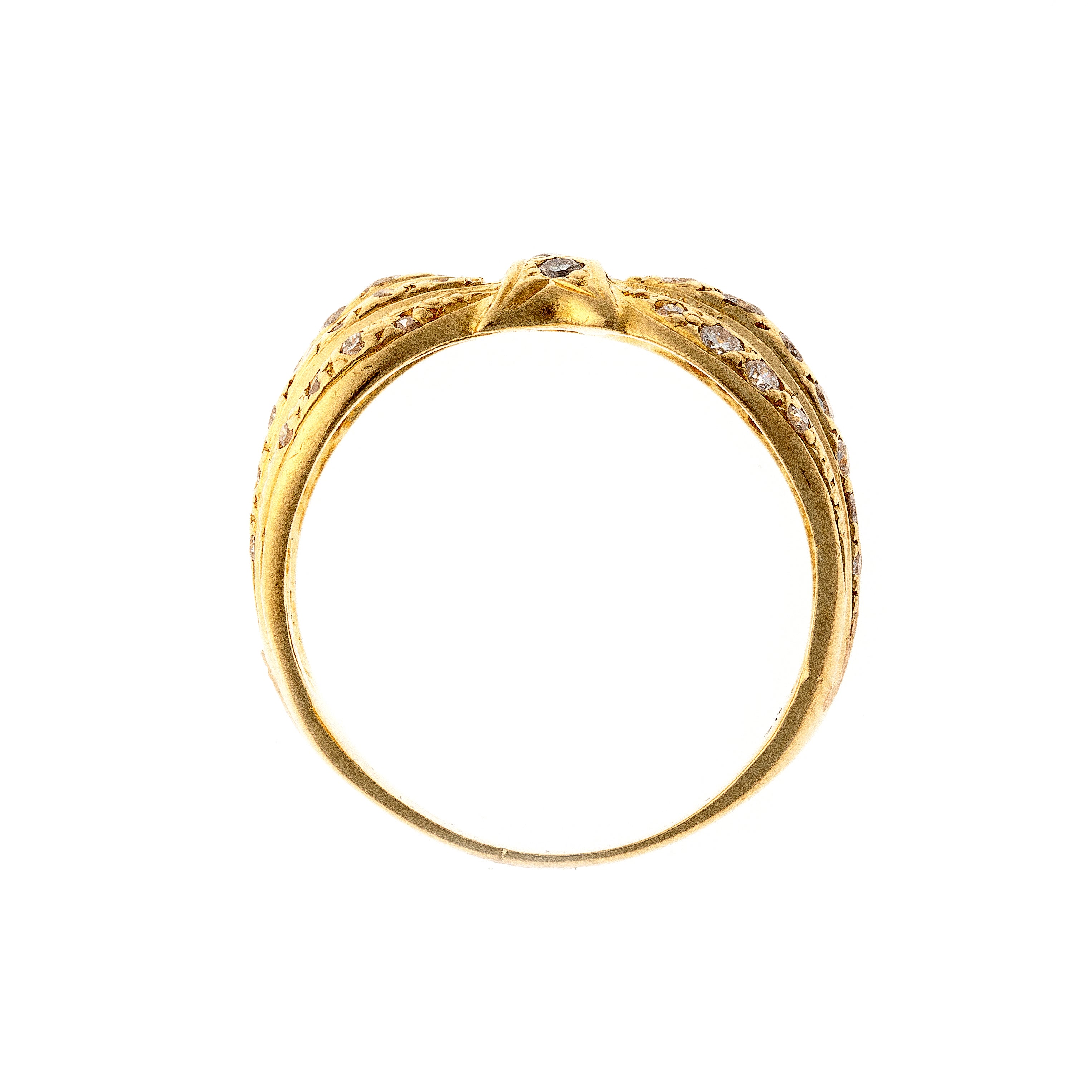 Profile of the Retro yellow gold diamond bow cocktail ring.