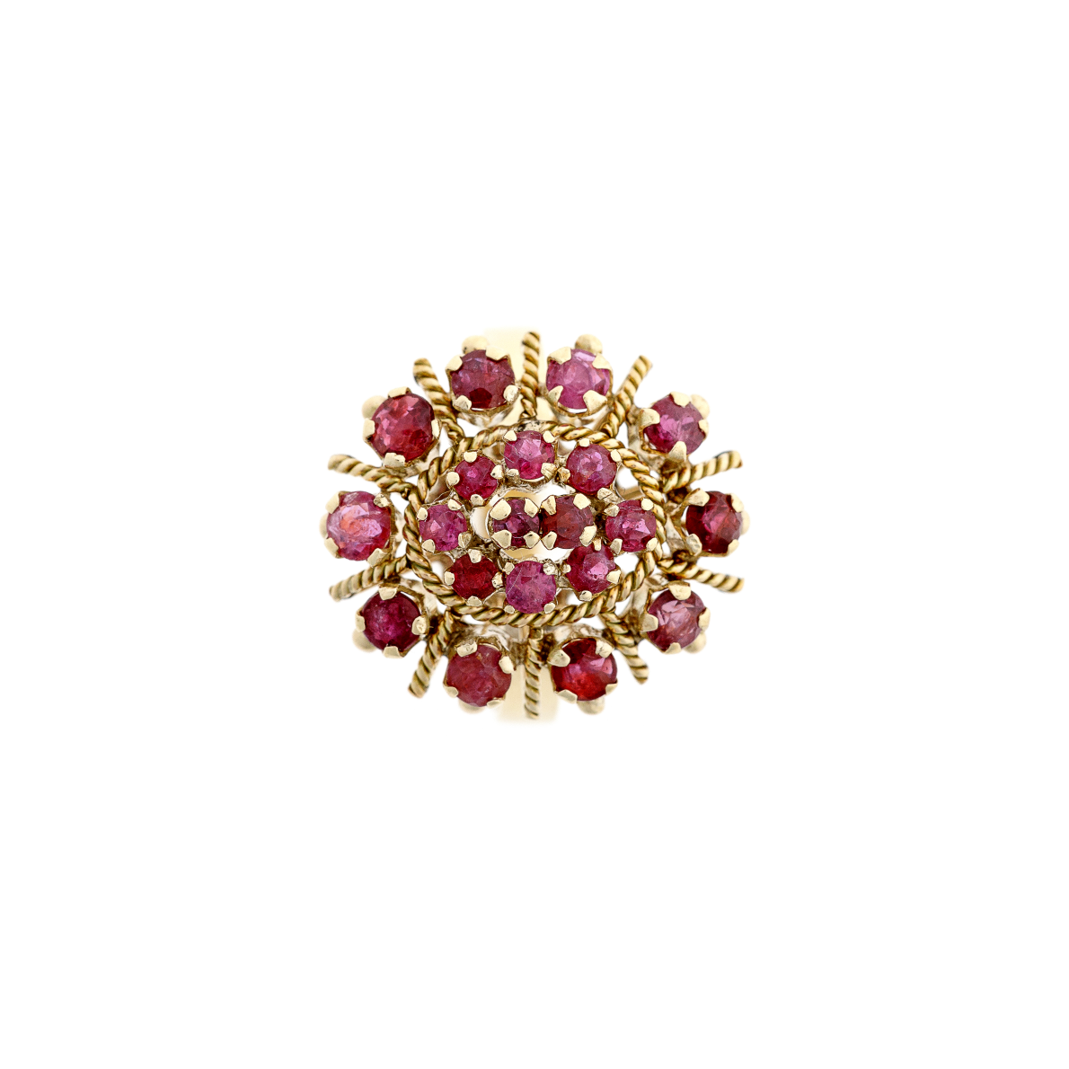 A vintage 9K gold cocktail ring featuring a bold cluster of 20 rubies, arranged in a striking floral-inspired silhouette.