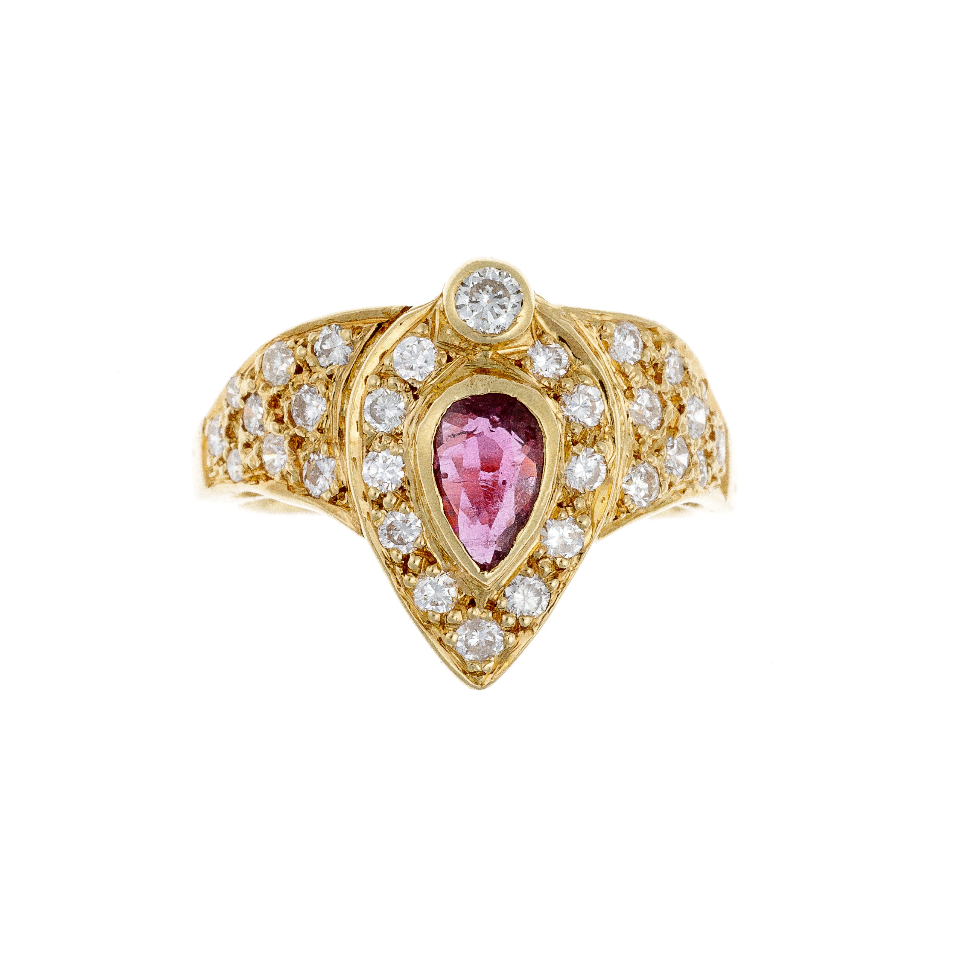 Front view of vintage Belgian gold halo ring with pear-shaped ruby and diamonds.