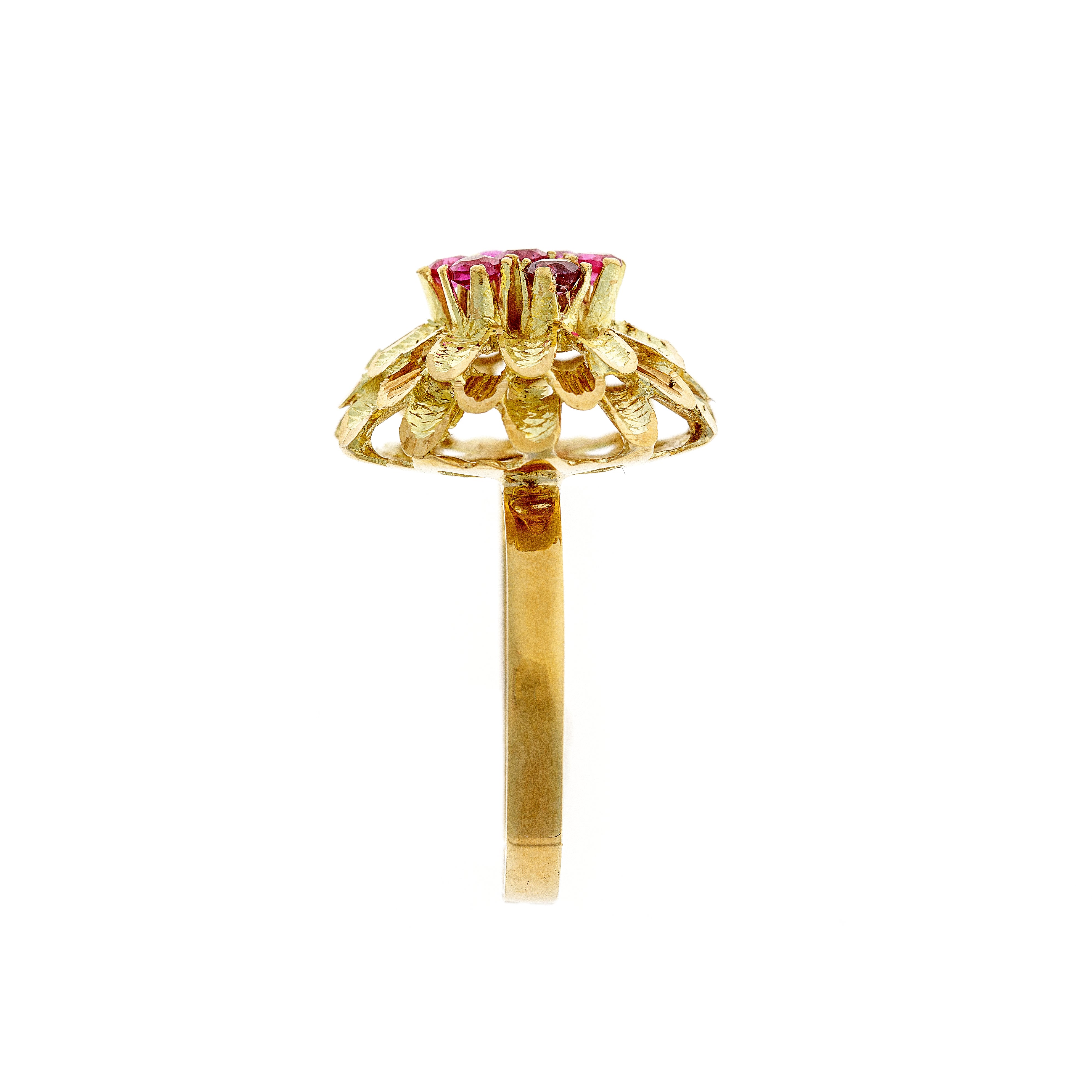 Vintage Ruby & Synthetic Corundum Gold Flower Ring – A sculptural floral motif showcasing refined estate jewelry artistry.
