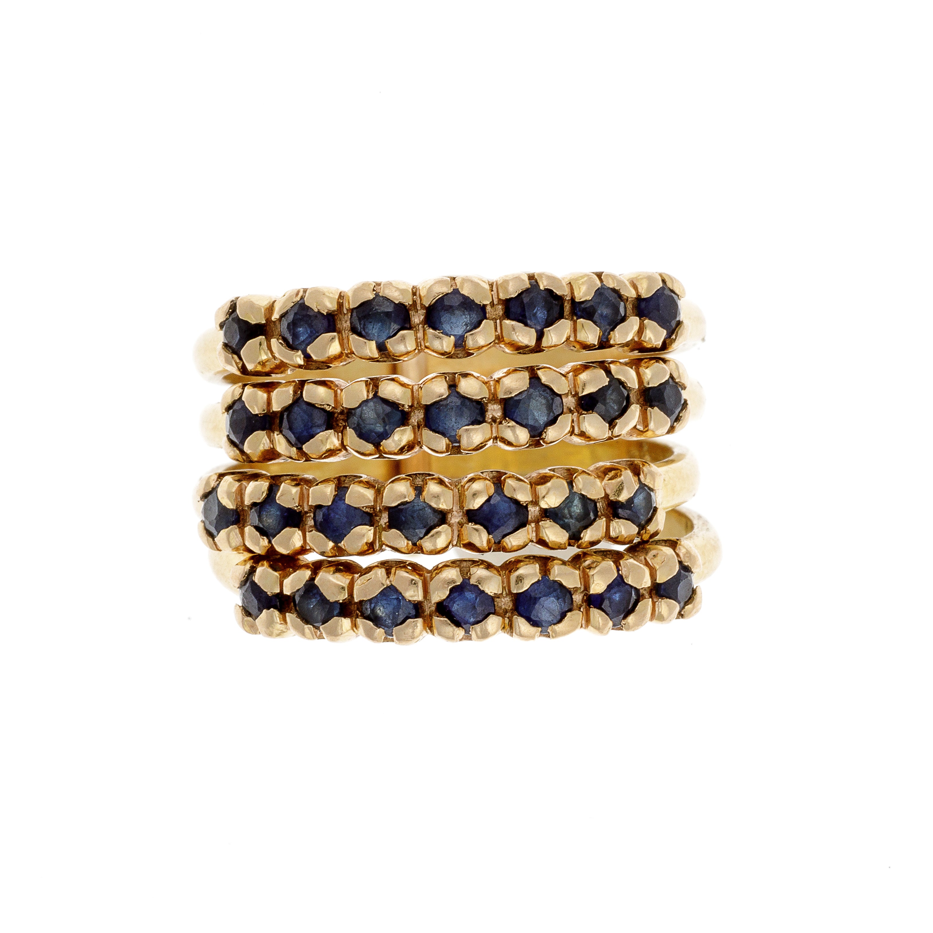 Vintage Belgian 18K gold ring with four rows of deep blue sapphires in a bold multi-row setting.
