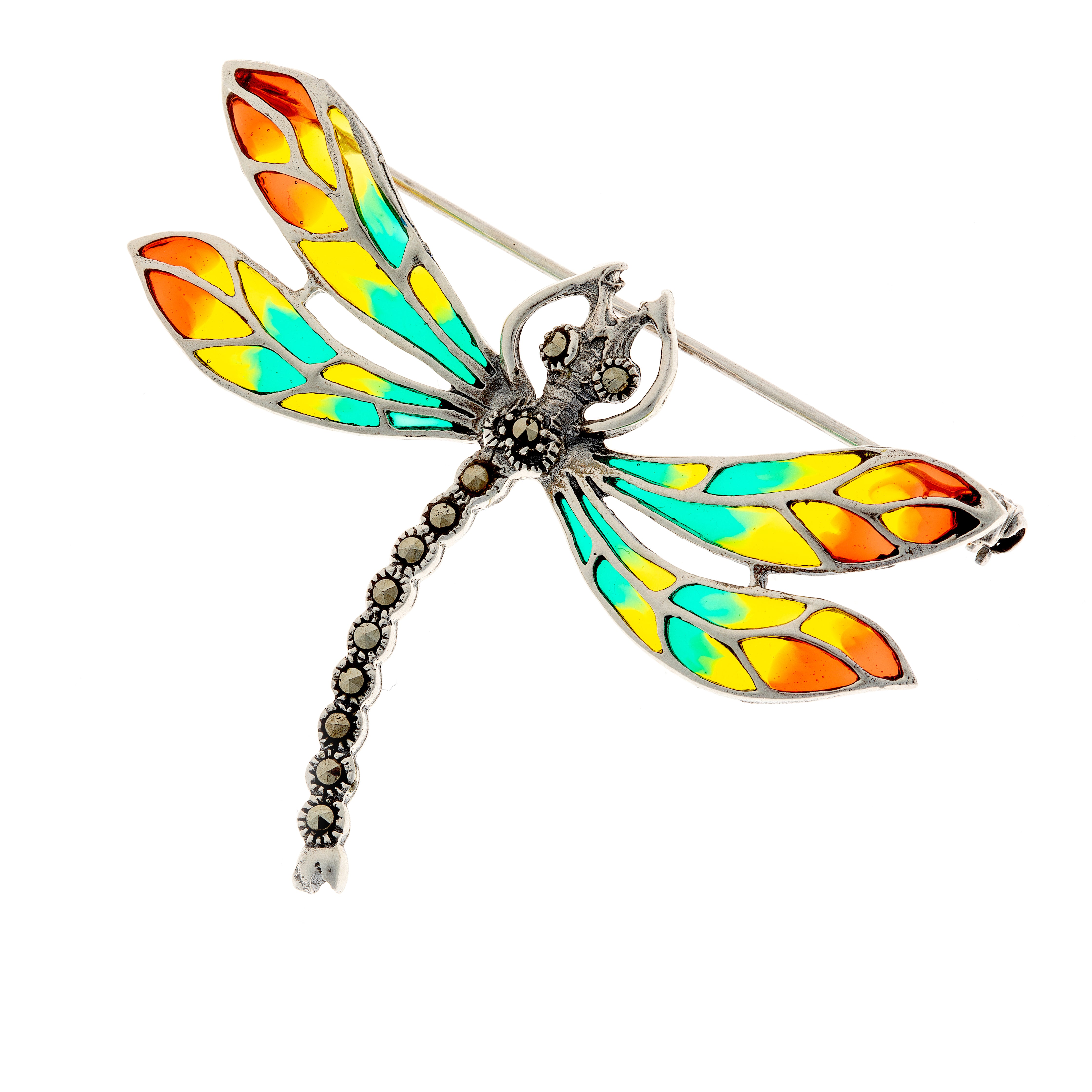 Angled display of dragonfly brooch pendant showing multicolor enamel wings and marcasite tail.