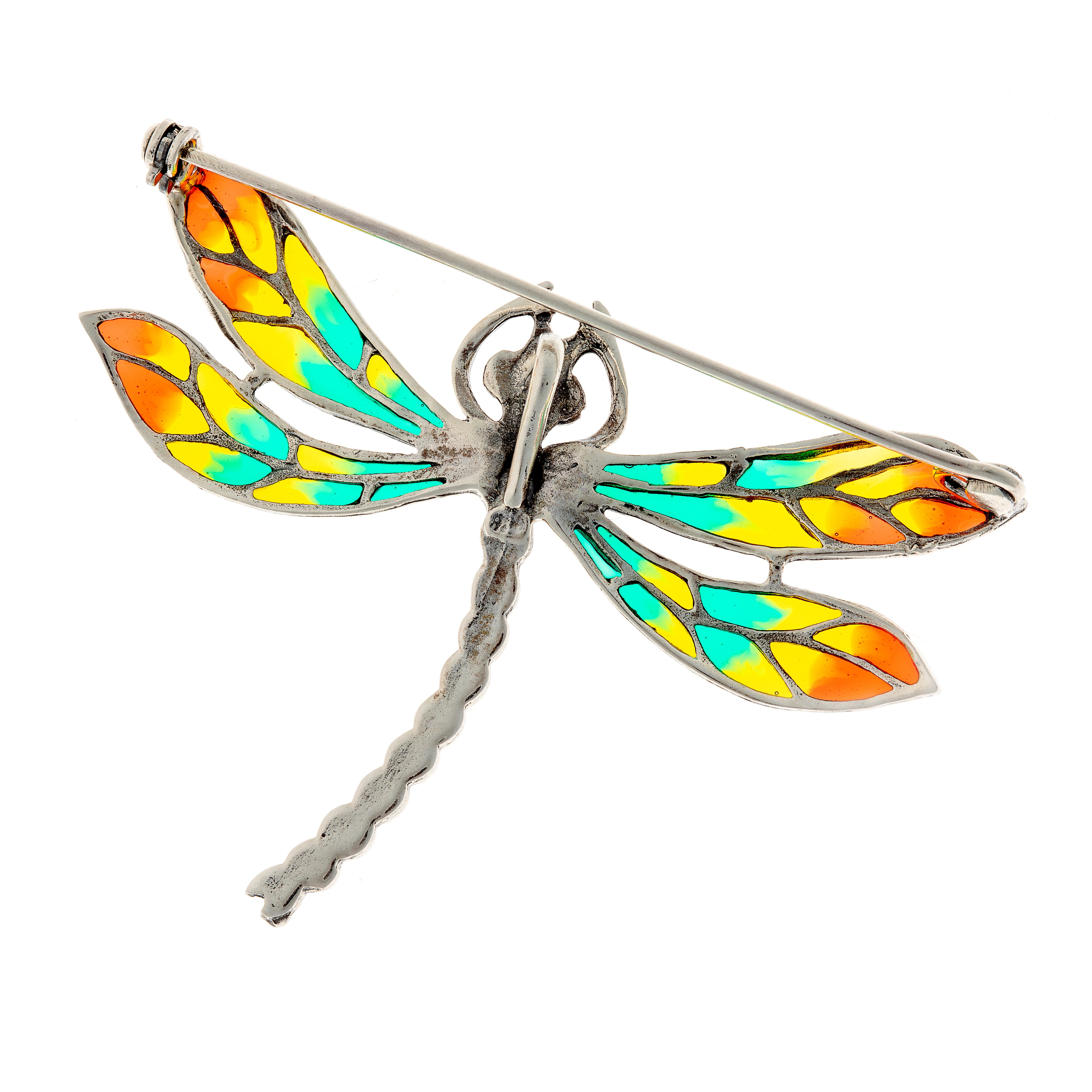 Sterling silver dragonfly brooch pendant with visible pin and hidden loop on back.