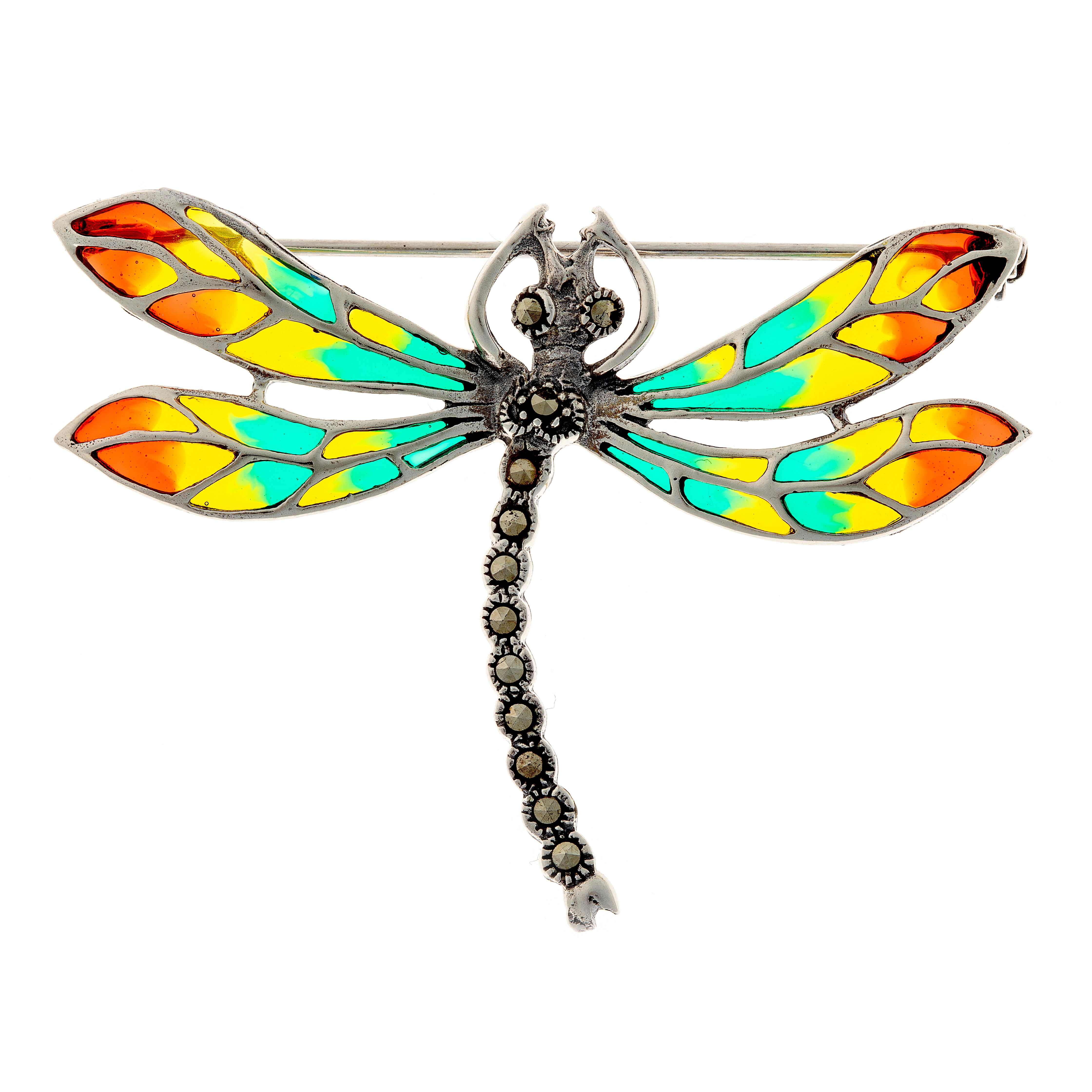 Vintage colorful enamel and marcasite silver dragonfly brooch pendant with open wings.