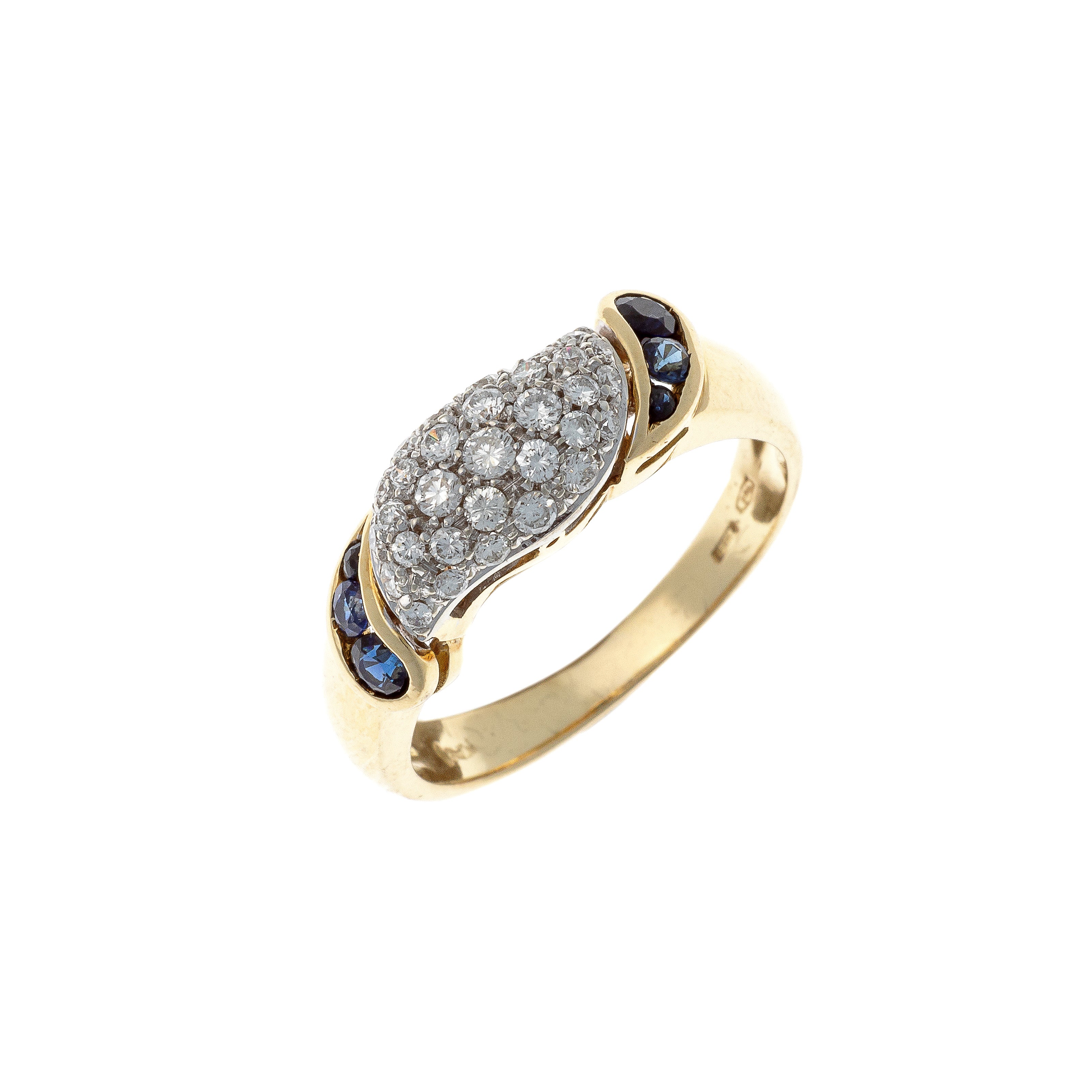 Vintage two-tone gold diamond and sapphire domed cocktail ring.
