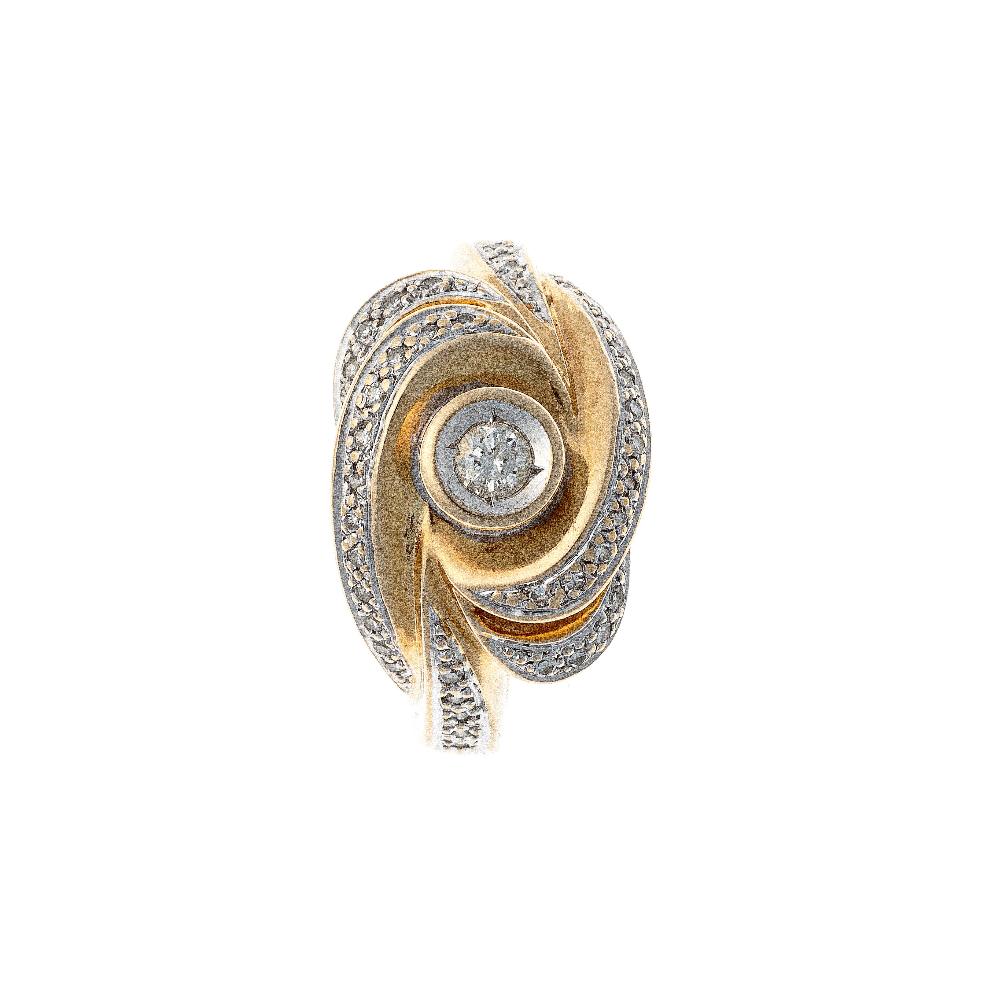 Top of the Contemporary vintage two-tone gold diamond swirl cocktail ring.