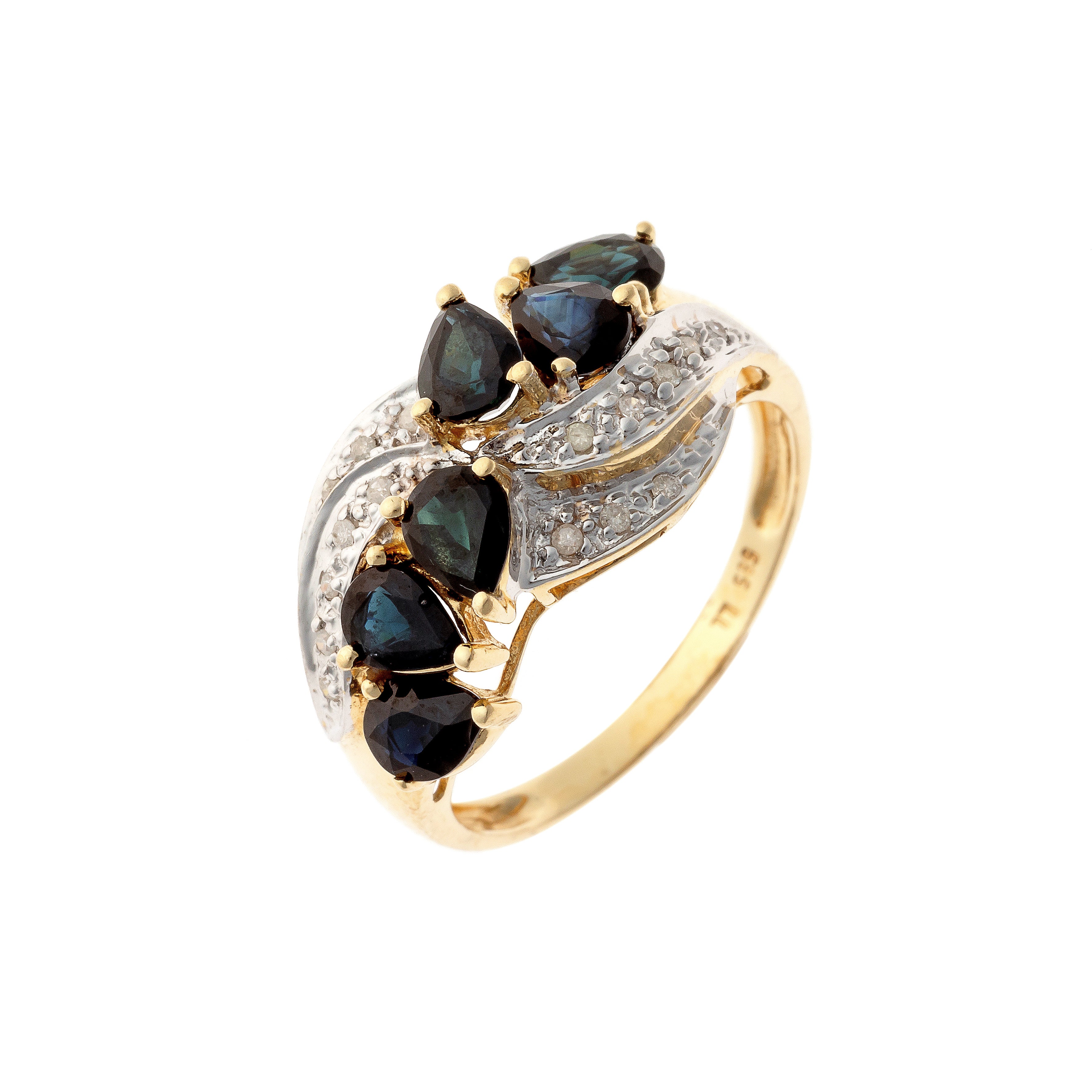 Vintage two-tone gold pear-cut sapphire and diamond cascade ring.