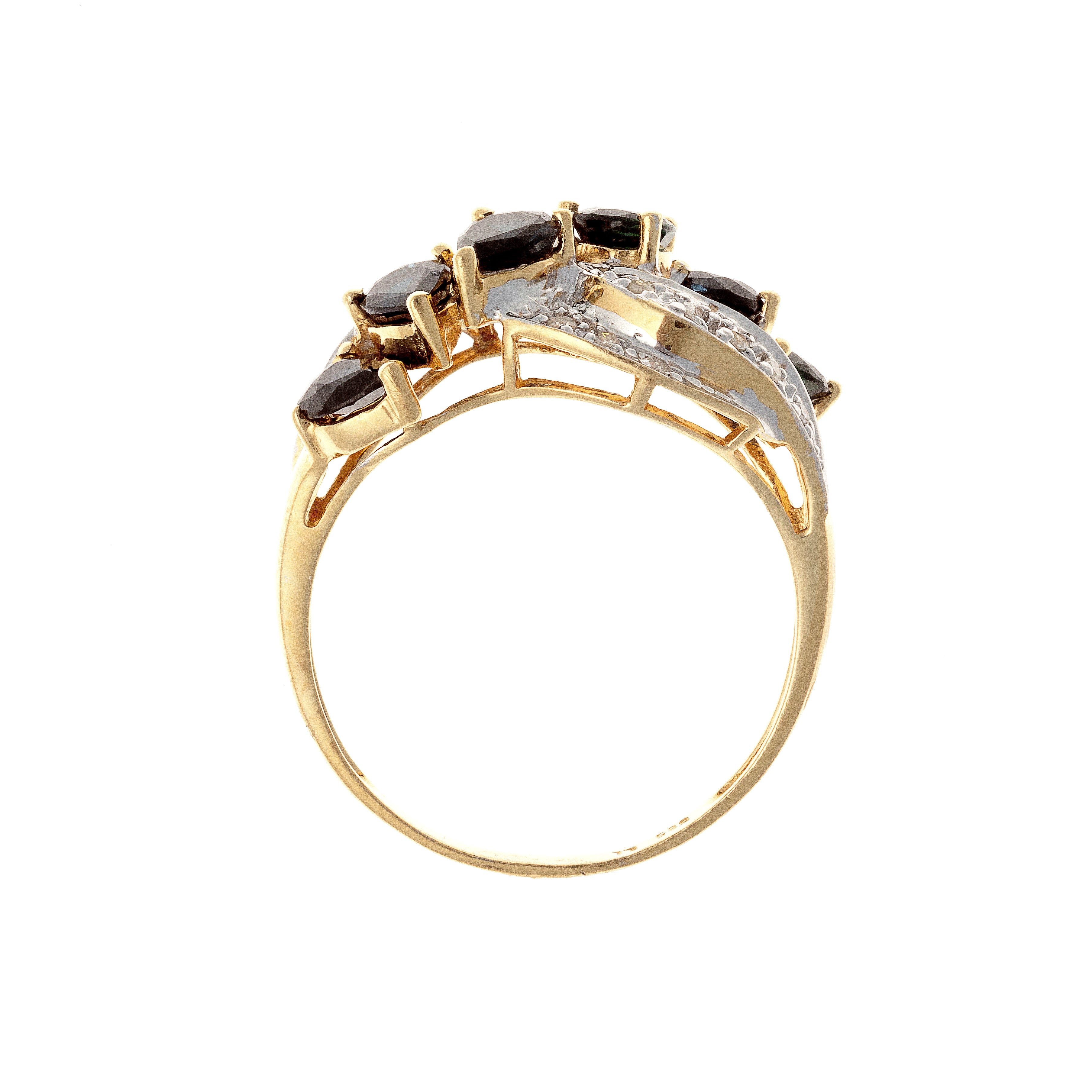 Profile of the vintage two-tone gold pear-cut sapphire and diamond cascade ring.