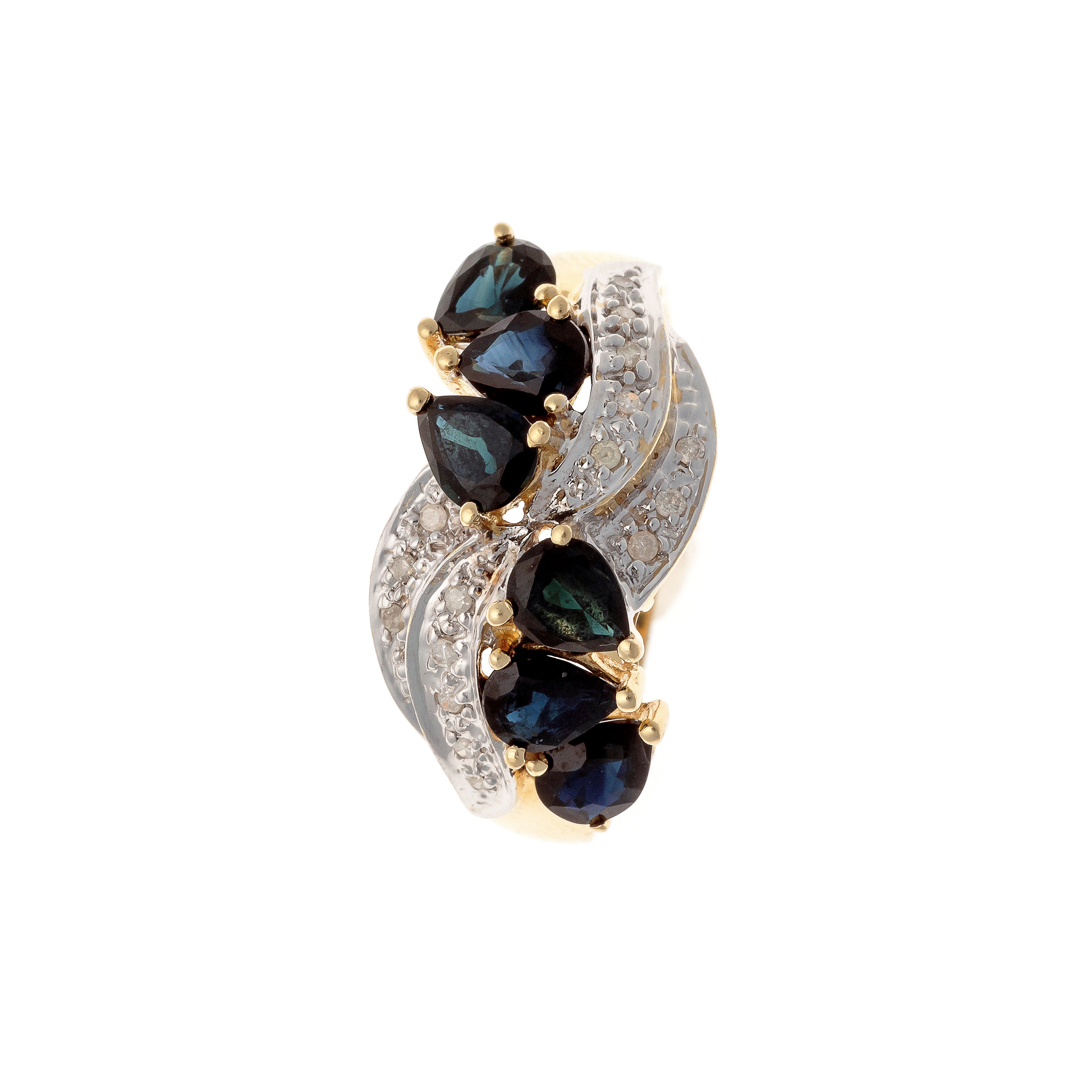 Top of the vintage two-tone gold pear-cut sapphire and diamond cascade ring.