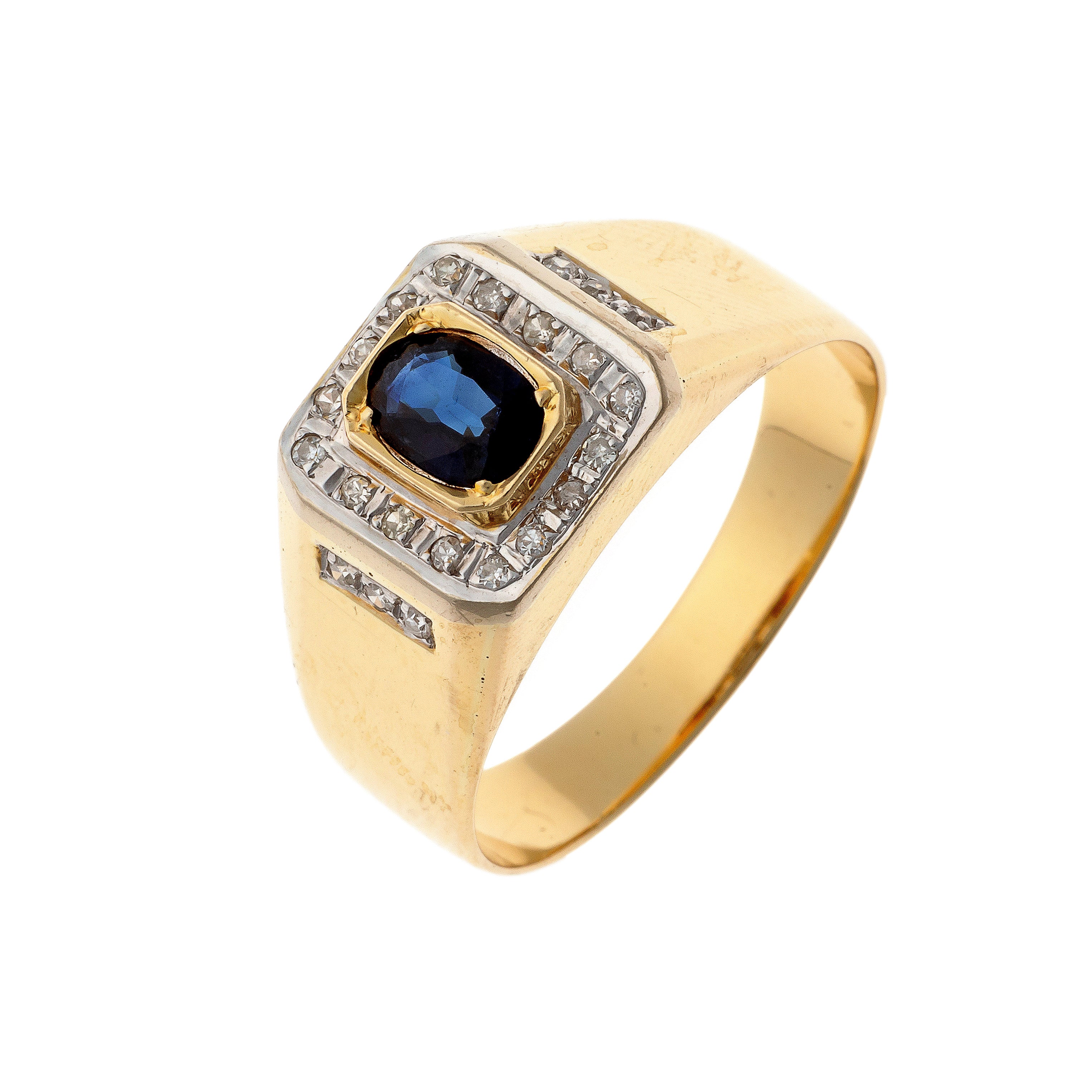 Vintage two-tone gold sapphire and diamond signet ring.