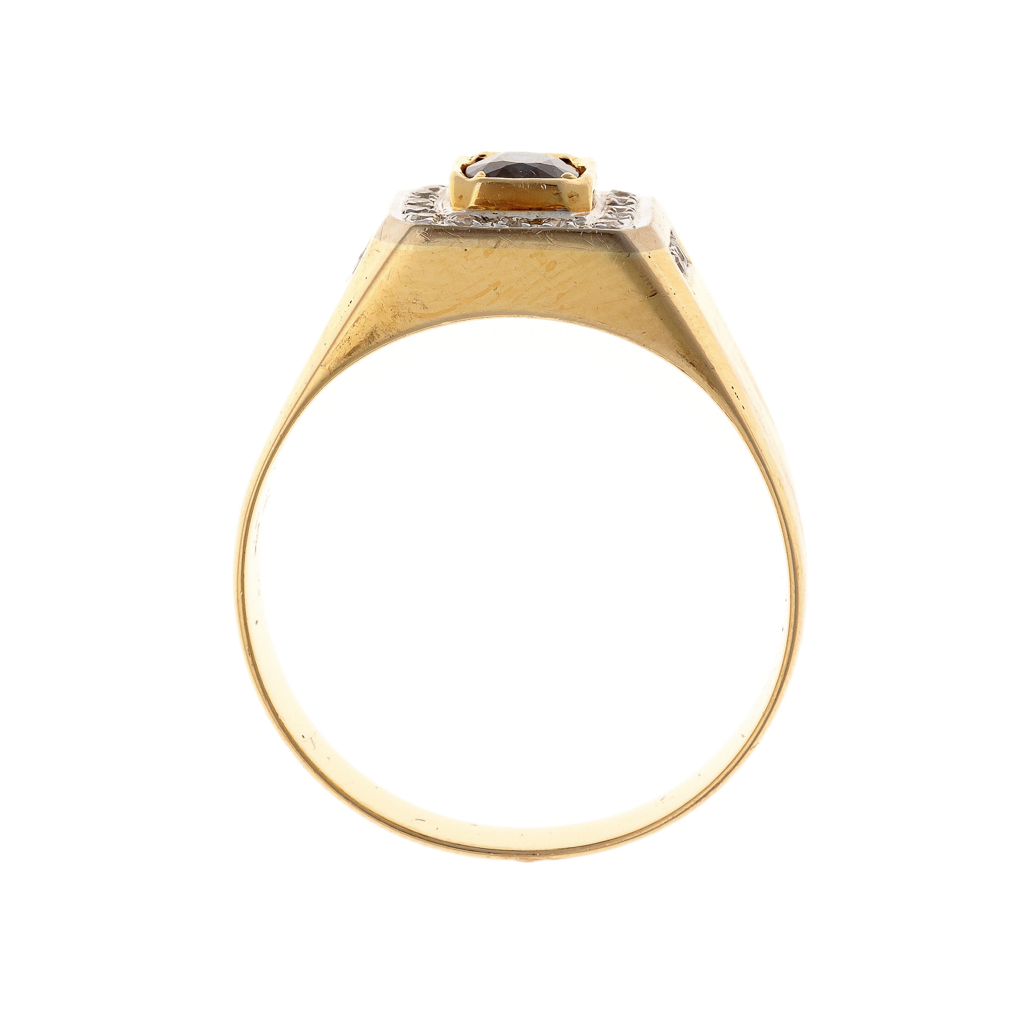 Profile of the vintage two-tone gold sapphire and diamond signet ring.