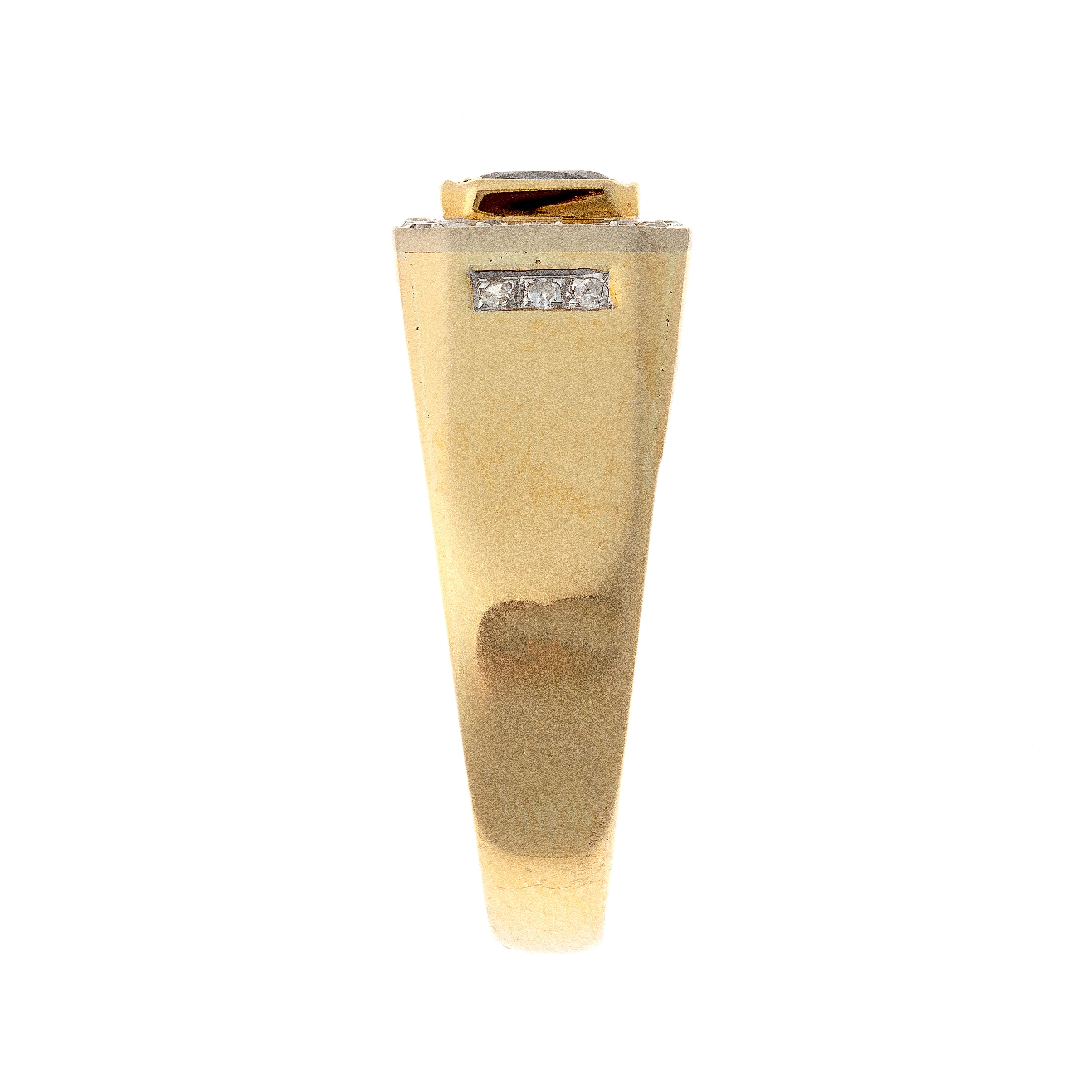 Side of the vintage two-tone gold sapphire and diamond signet ring.