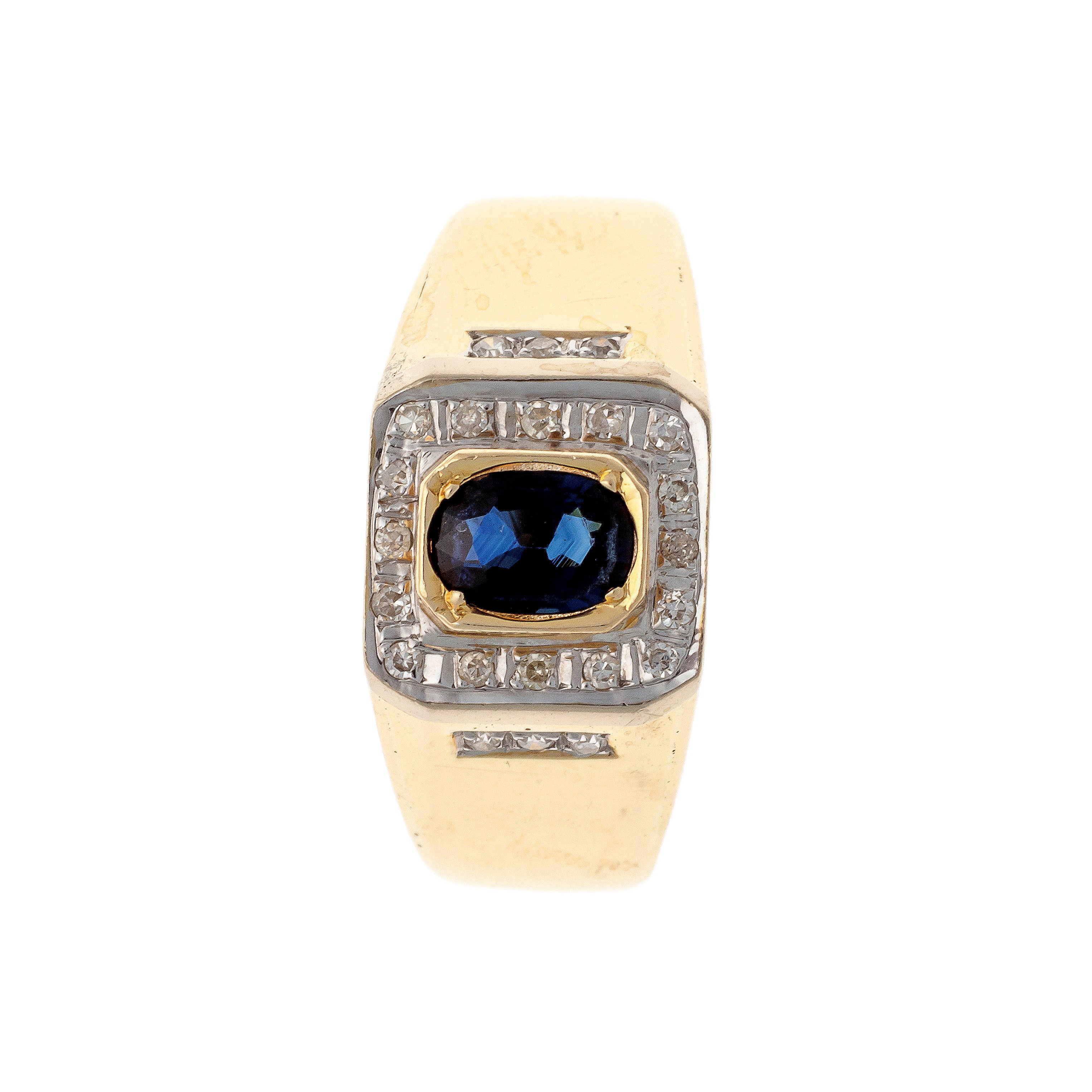 Top of the vintage two-tone gold sapphire and diamond signet ring.