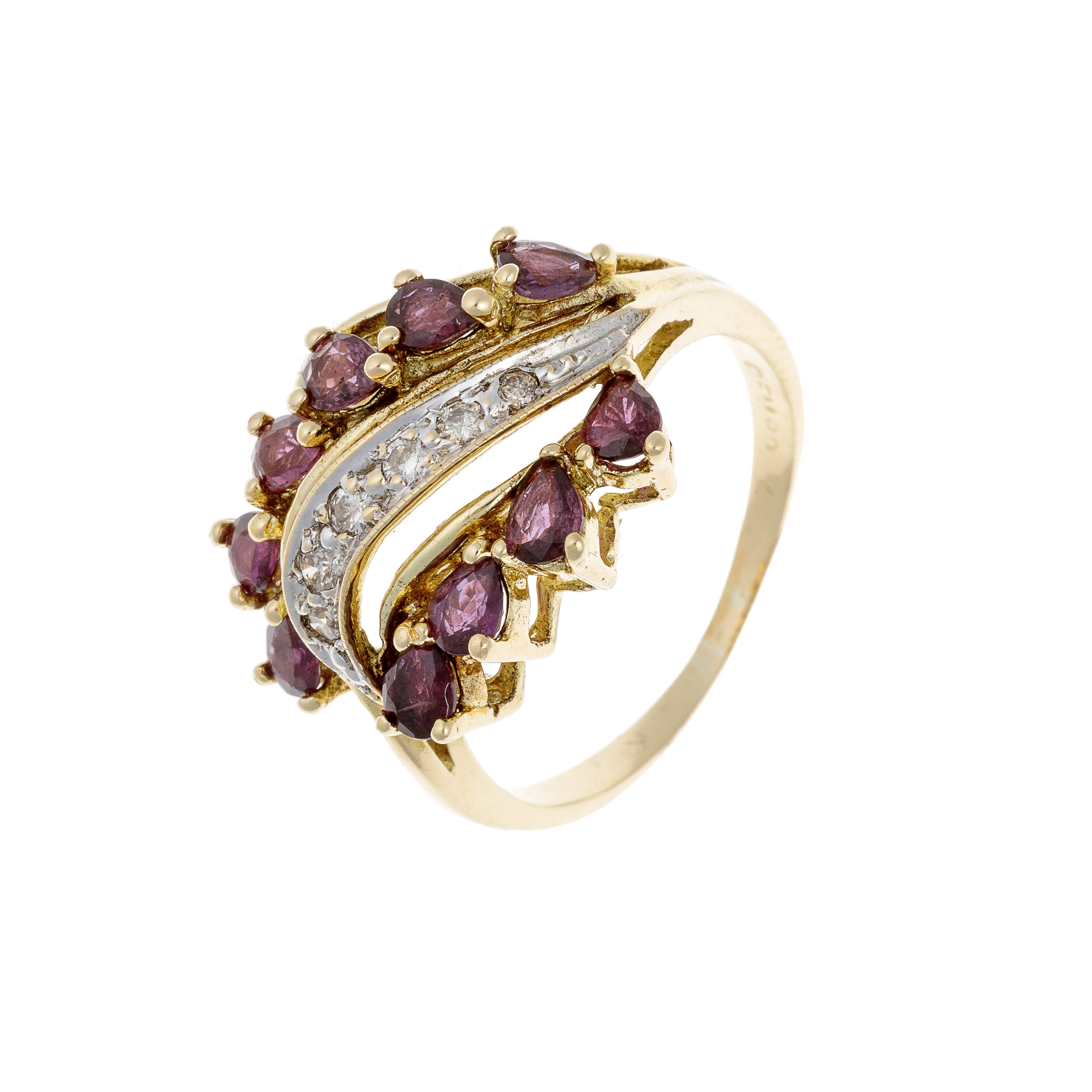 Angled view of 14K gold ring with vibrant violet sapphires and brilliant-cut diamonds.