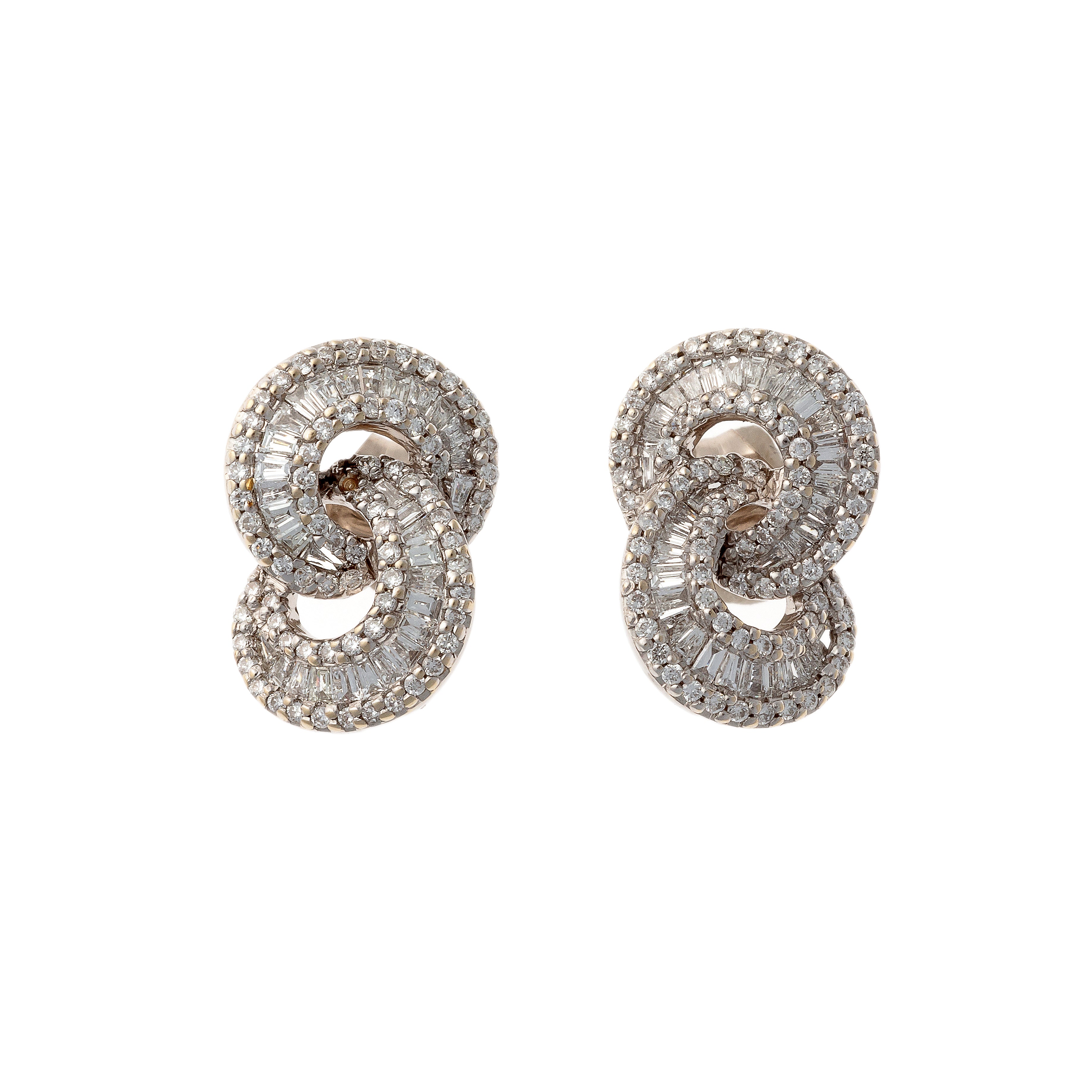 Pair of vintage white gold earrings with baguette and round diamonds.