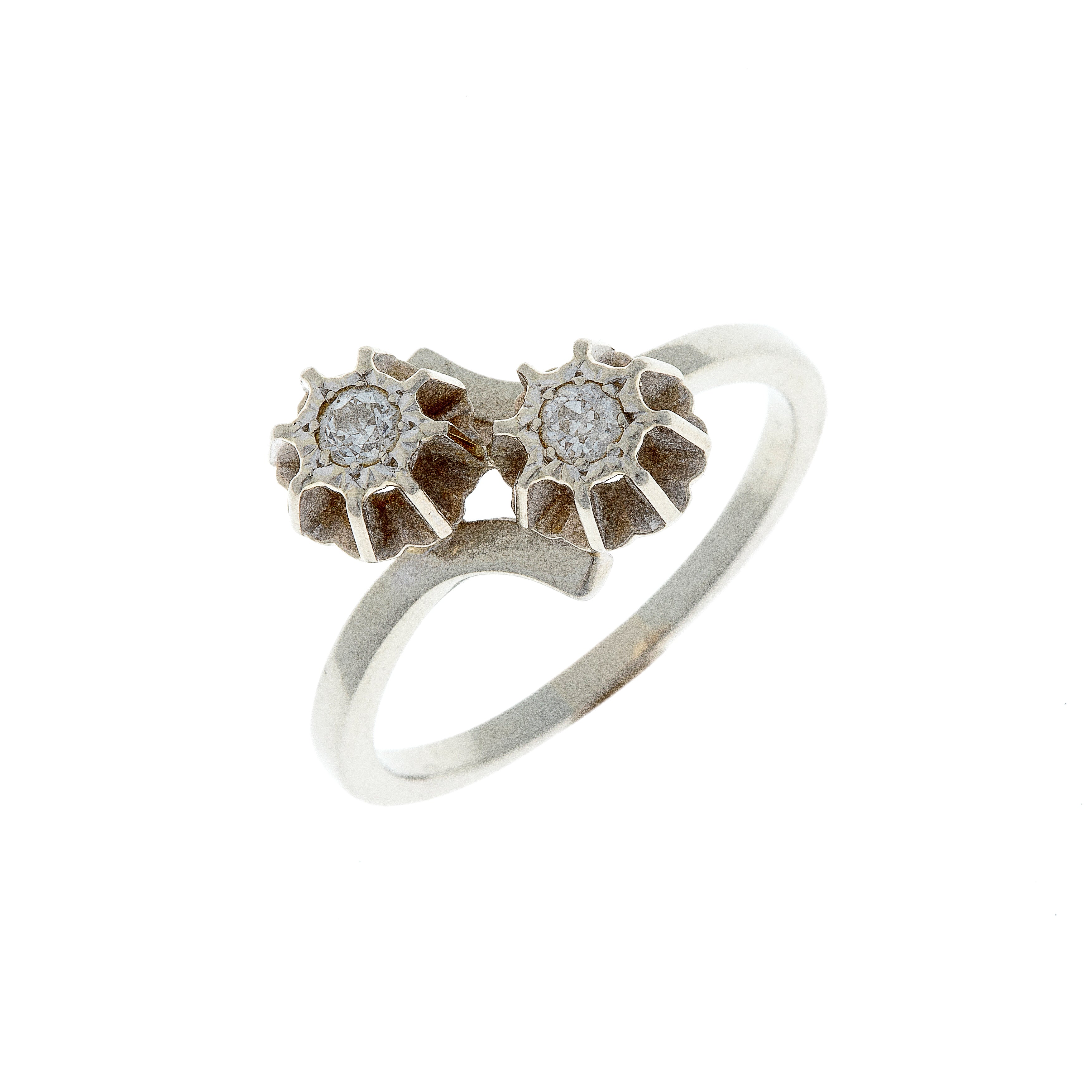 Vintage contemporary white gold engagement ring featuring two diamonds in a twin motif.