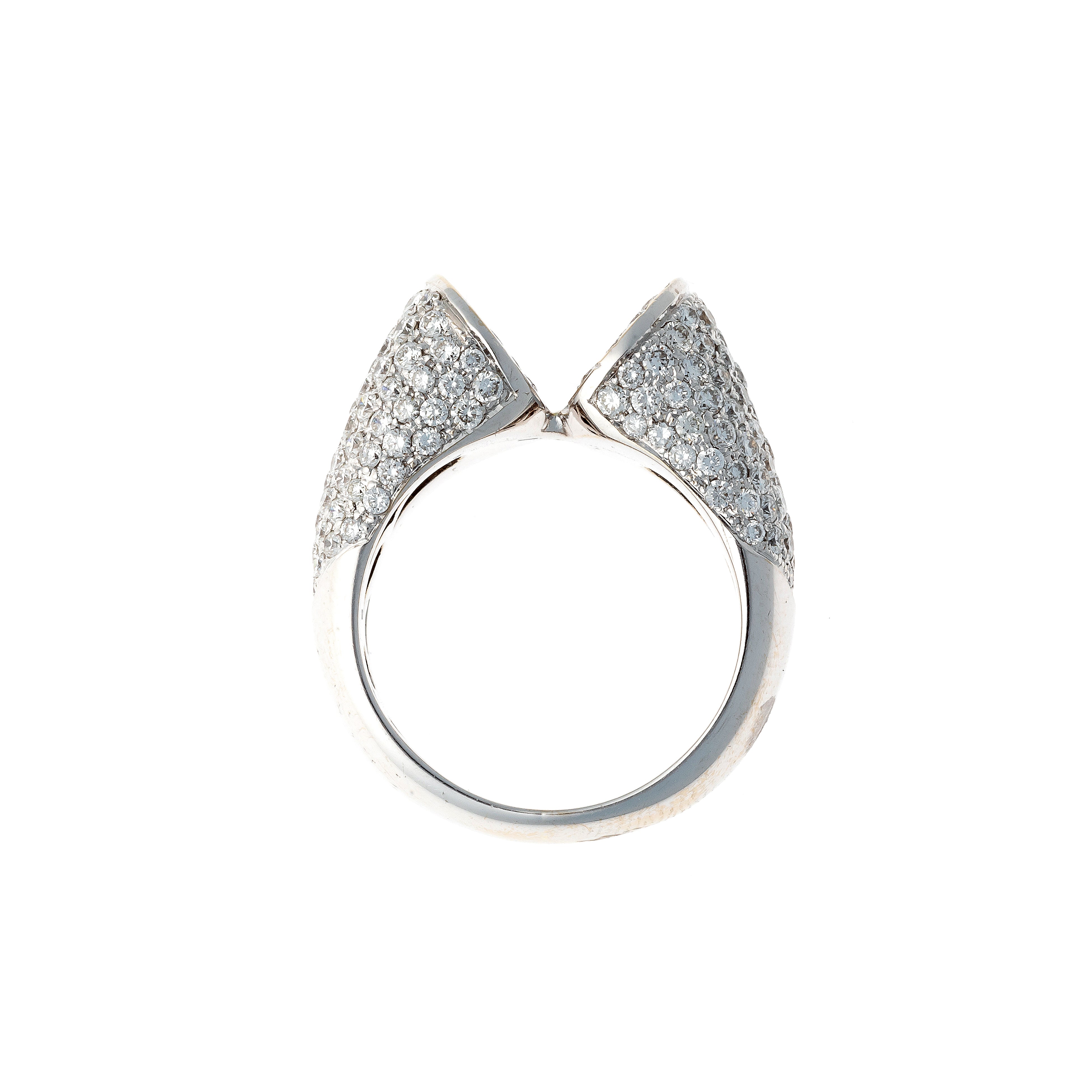 Profile of the contemporary vintage white gold pavé diamond bypass cocktail ring.