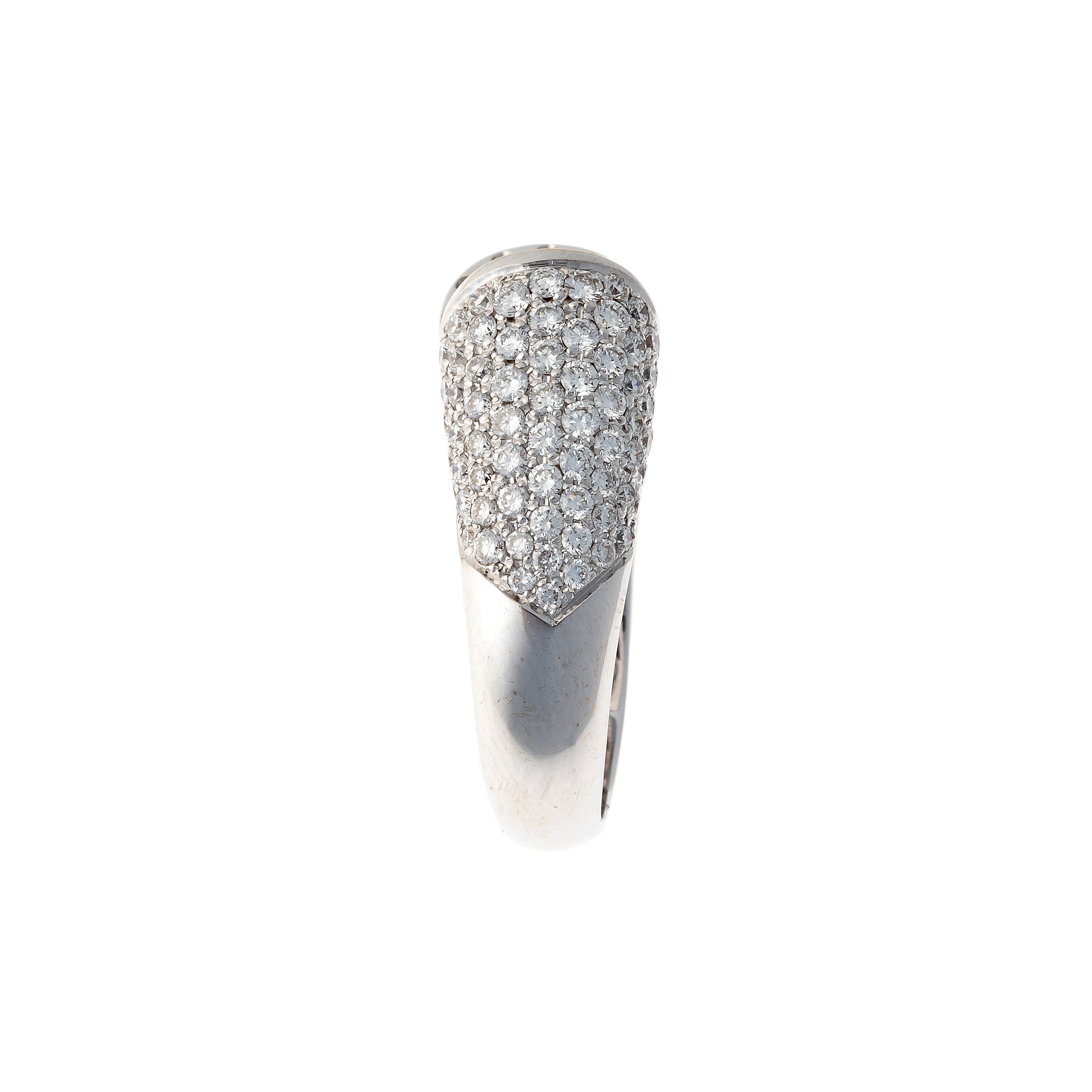 Side of the contemporary vintage white gold pavé diamond bypass cocktail ring.