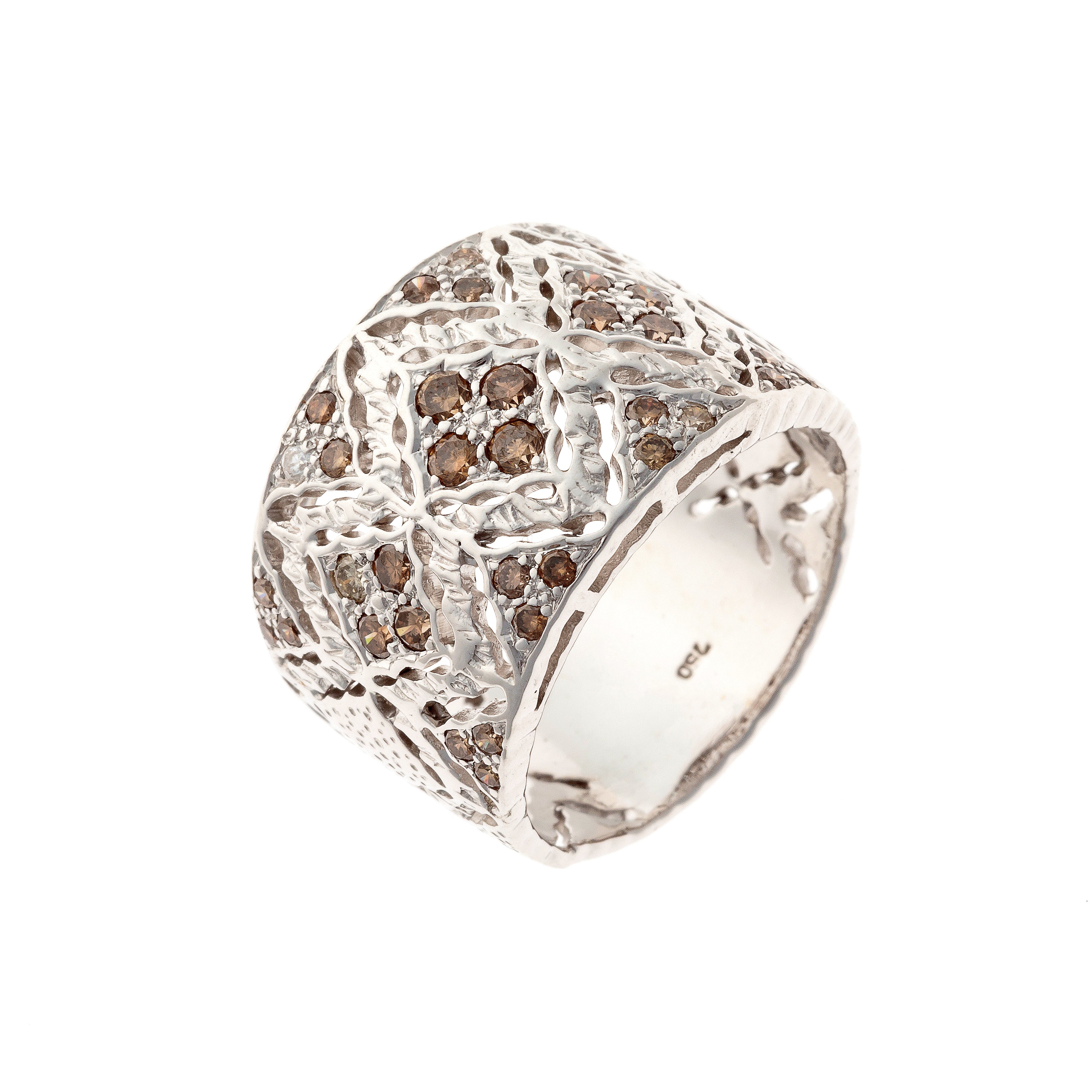 Contemporary vintage wide openwork band ring with brown diamonds.