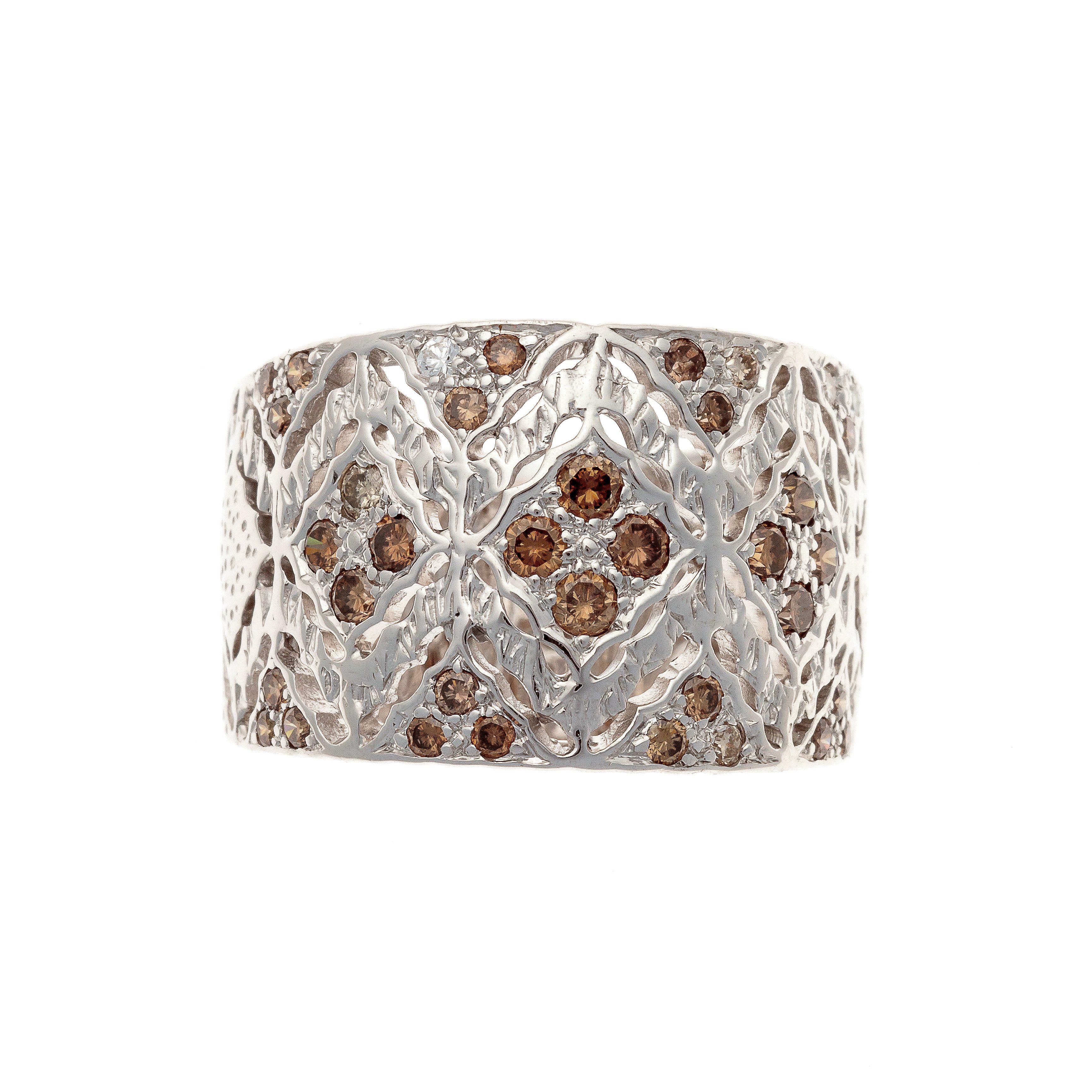 Top of the Contemporary vintage wide openwork band ring with brown diamonds.