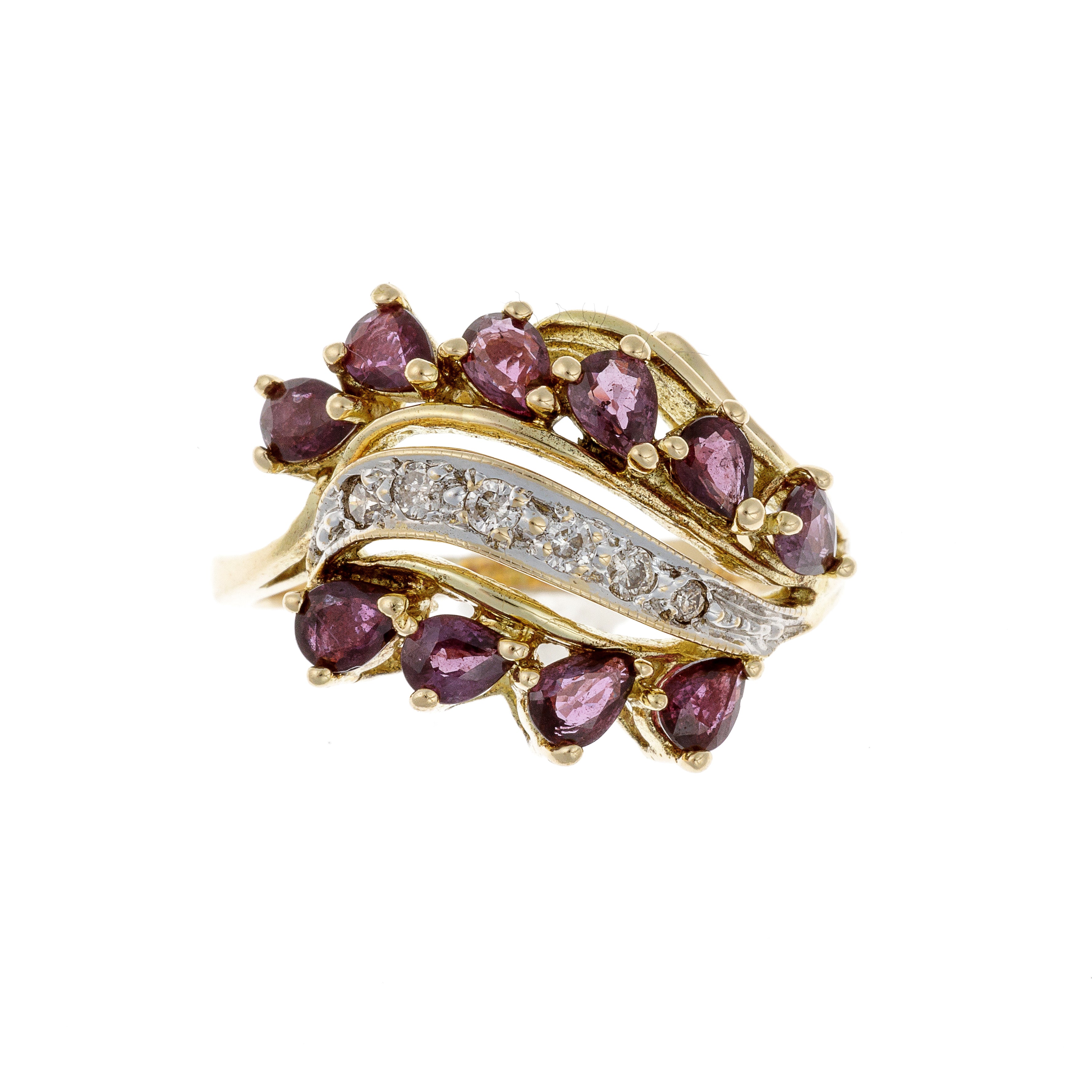 Top view of bypass-style ring with ten violet sapphires and six diamonds.