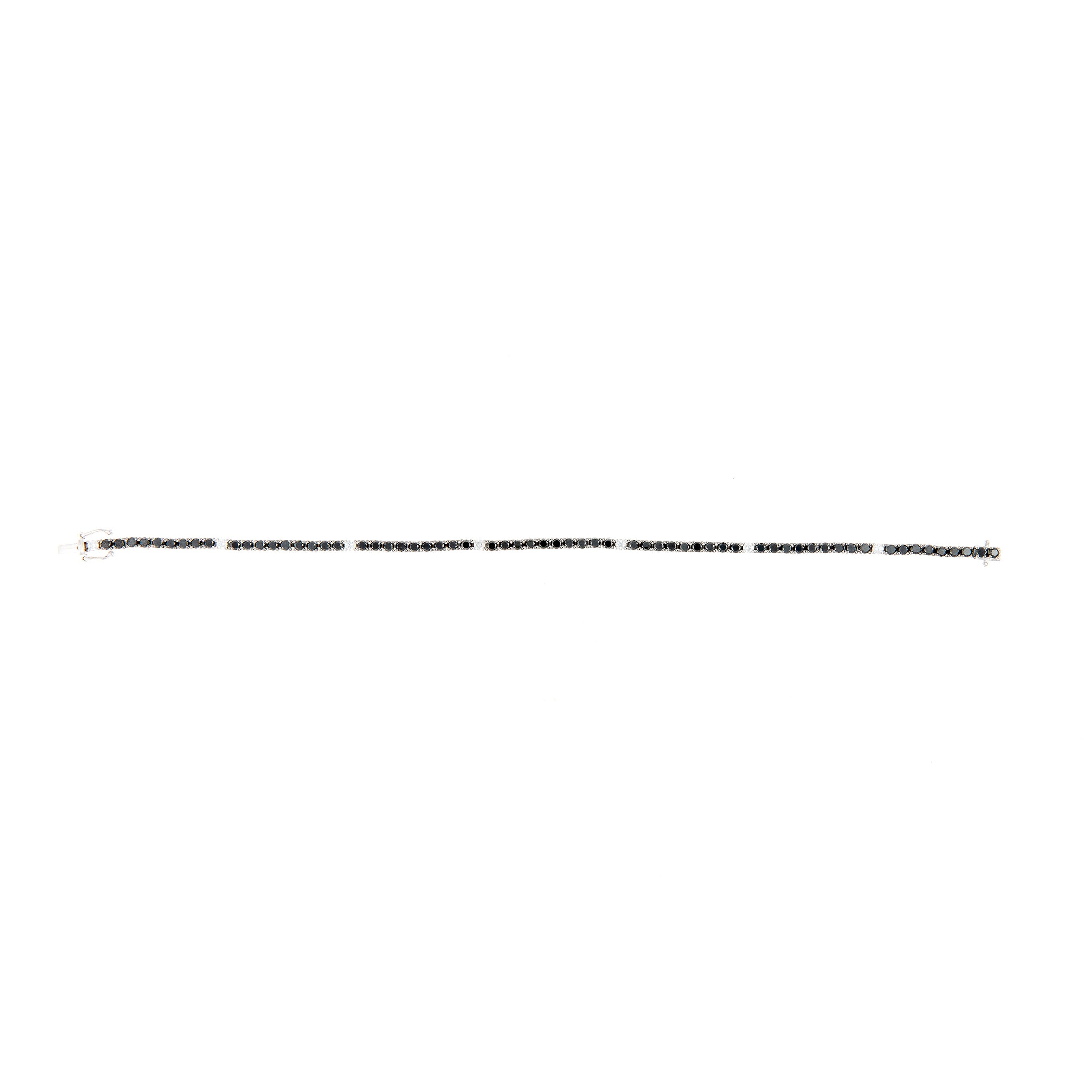 White gold tennis bracelet with black and white diamonds, featuring a sleek, modern design.