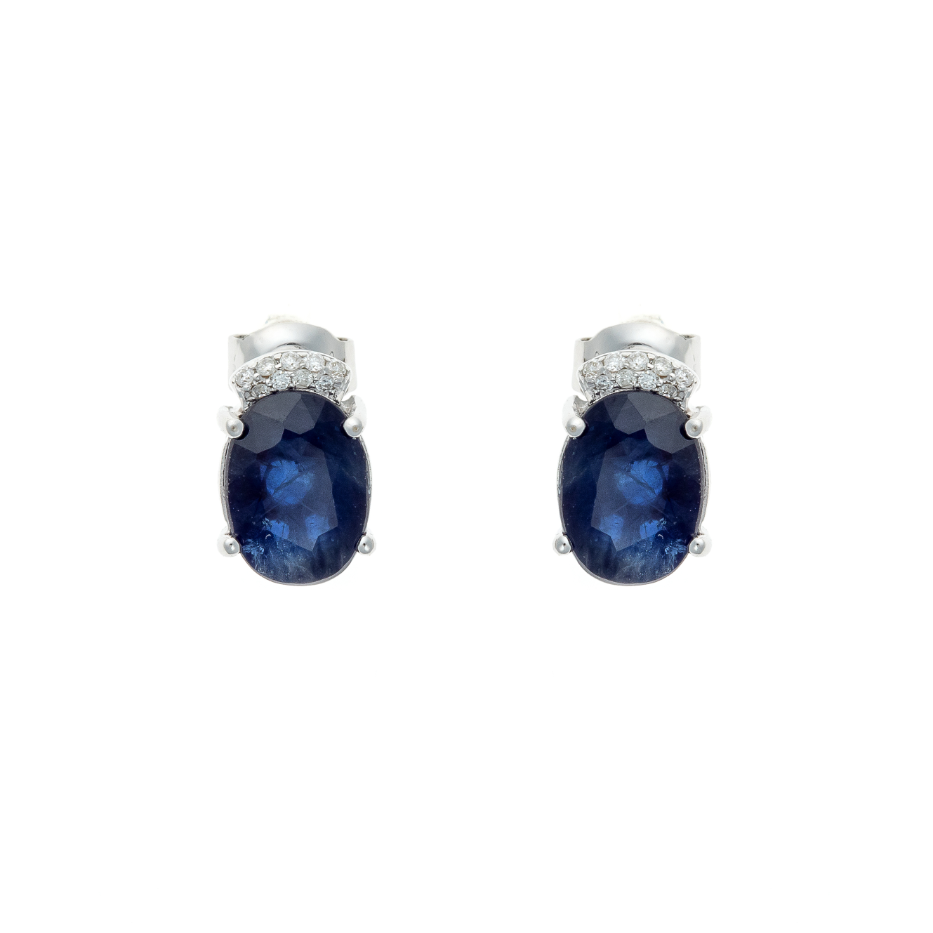 Front view of the sapphire earrings, showcasing the diamond accent and prong setting.